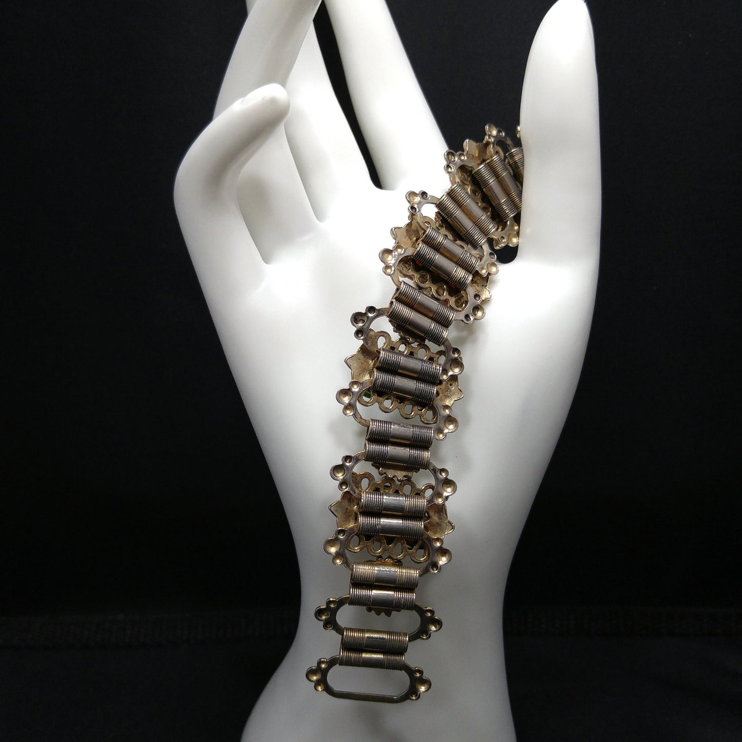 Vintage Book Chain Glass Links Bracelet, Green Red Brown White Glass, 1950s Vintage Jewelry