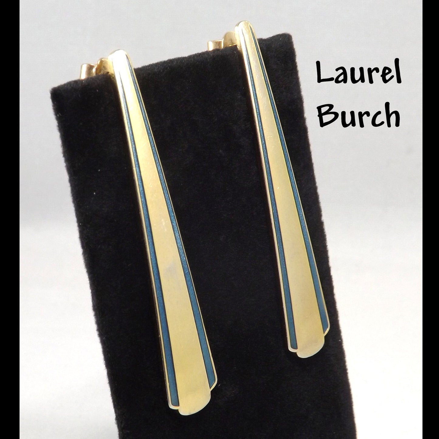 Laurel Burch Blue Enamel Long Post Earrings, Gold Plated, 1980s Vintage Jewelry