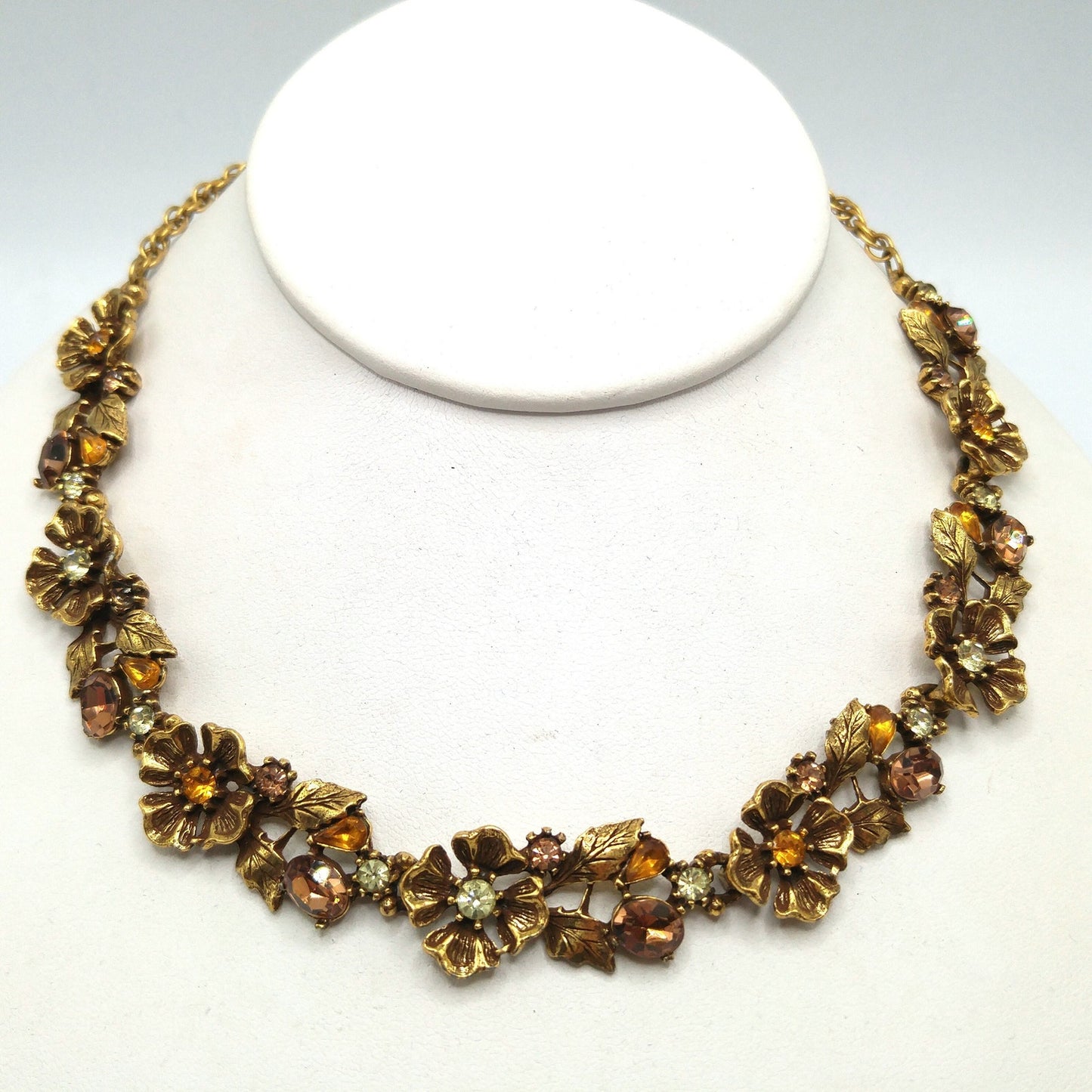 Topaz Rhinestone Floral Choker Necklace, Flower Links, 1960s Vintage Jewelry