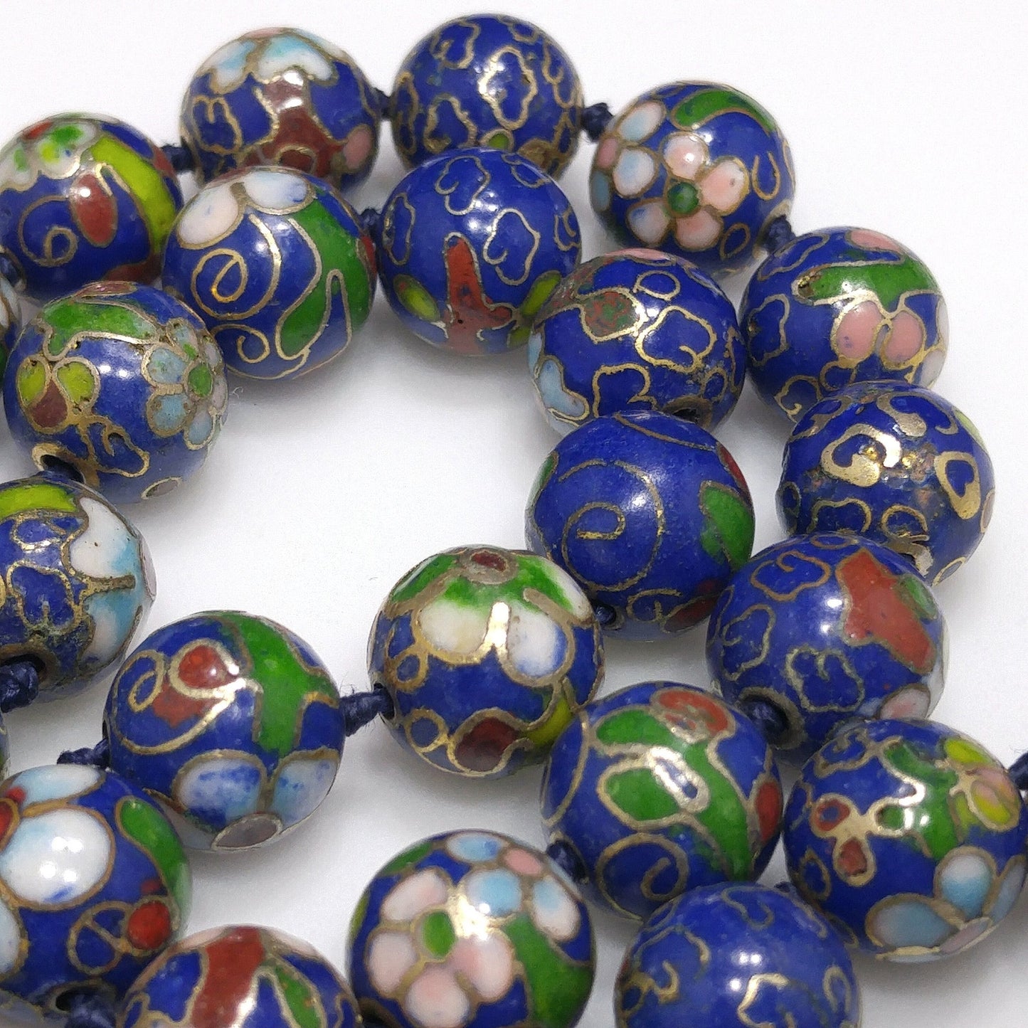 Cloisonne Blue Beaded Necklace, Floral Hand Painted Beads, 1960s Vintage Jewelry