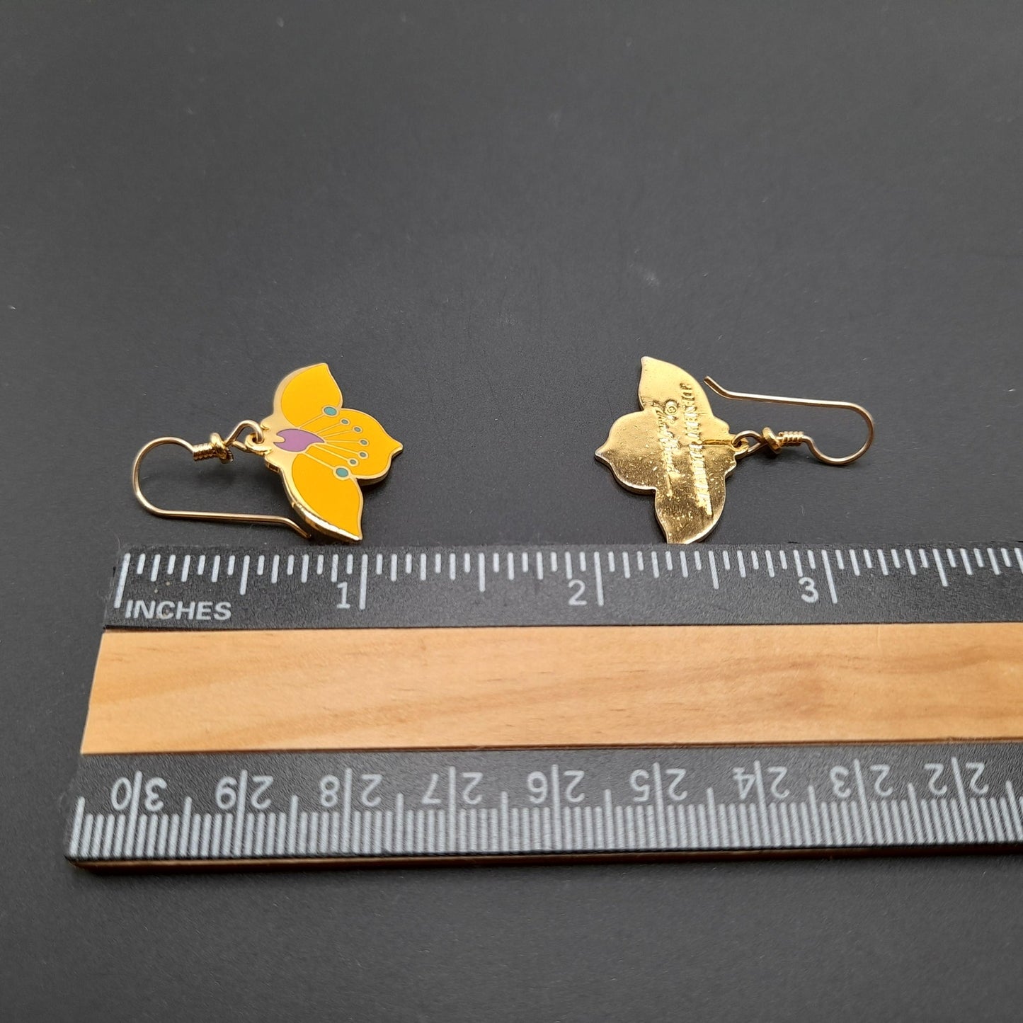 Laurel Burch "Desert Flower" Earrings, Golden Yellow Enamel, Gold Plated Cloisonne, 1980s Vintage Jewelry