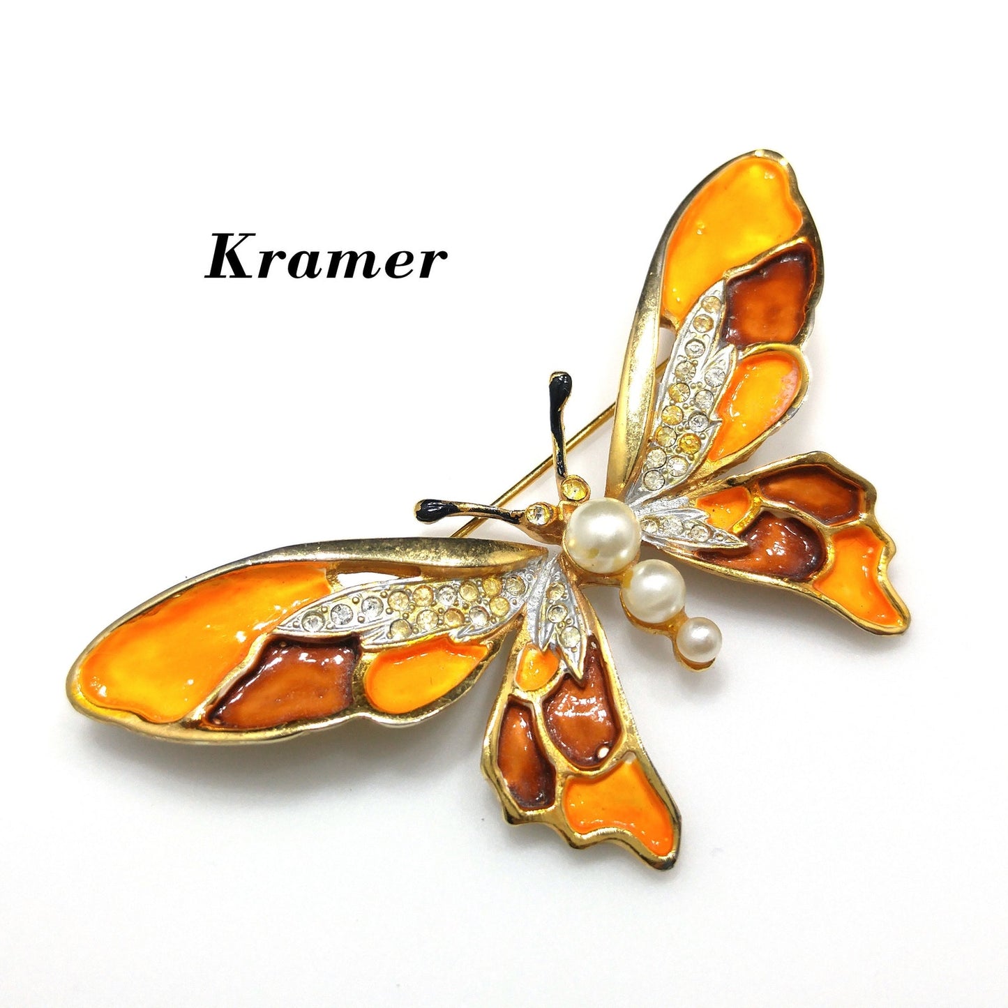 Kramer Orange Enamel Butterfly Brooch, Gold Plated, 1960s Vintage Jewelry