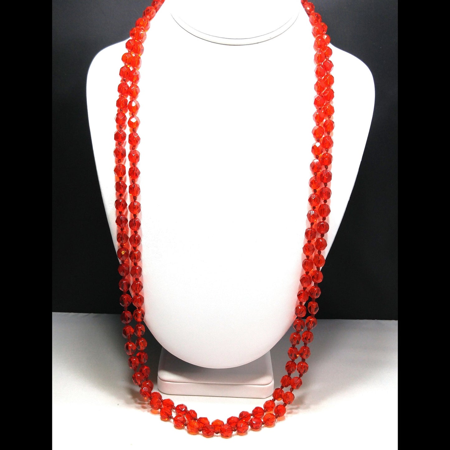 Vintage Red Crystal Hand Knotted Long Necklace, 62 Inches, No Clasp, 1960s Vintage Jewelry