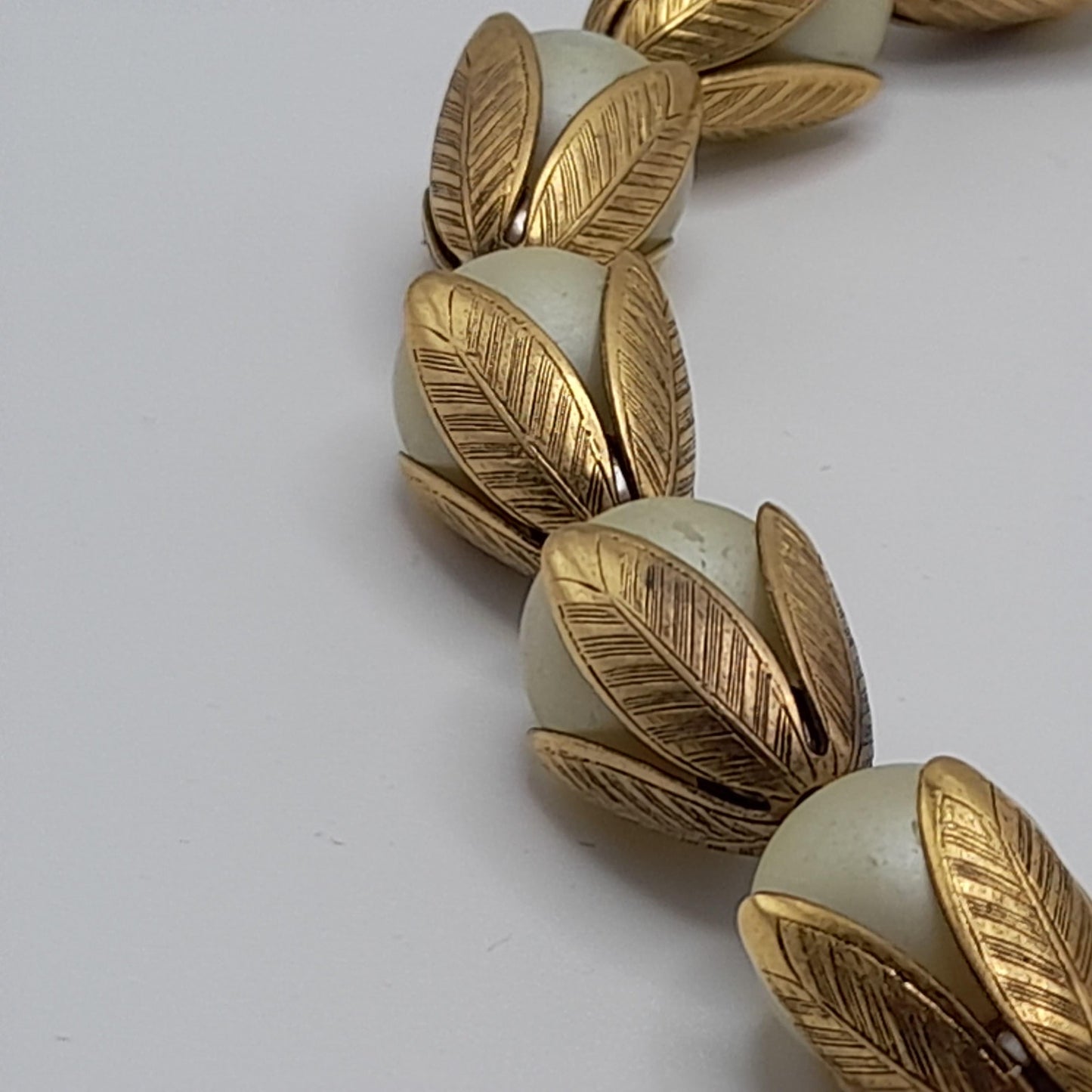 Lenora Dame Faux Pearl Necklace, Gold Tone Leaf Caps, Vintage Jewelry