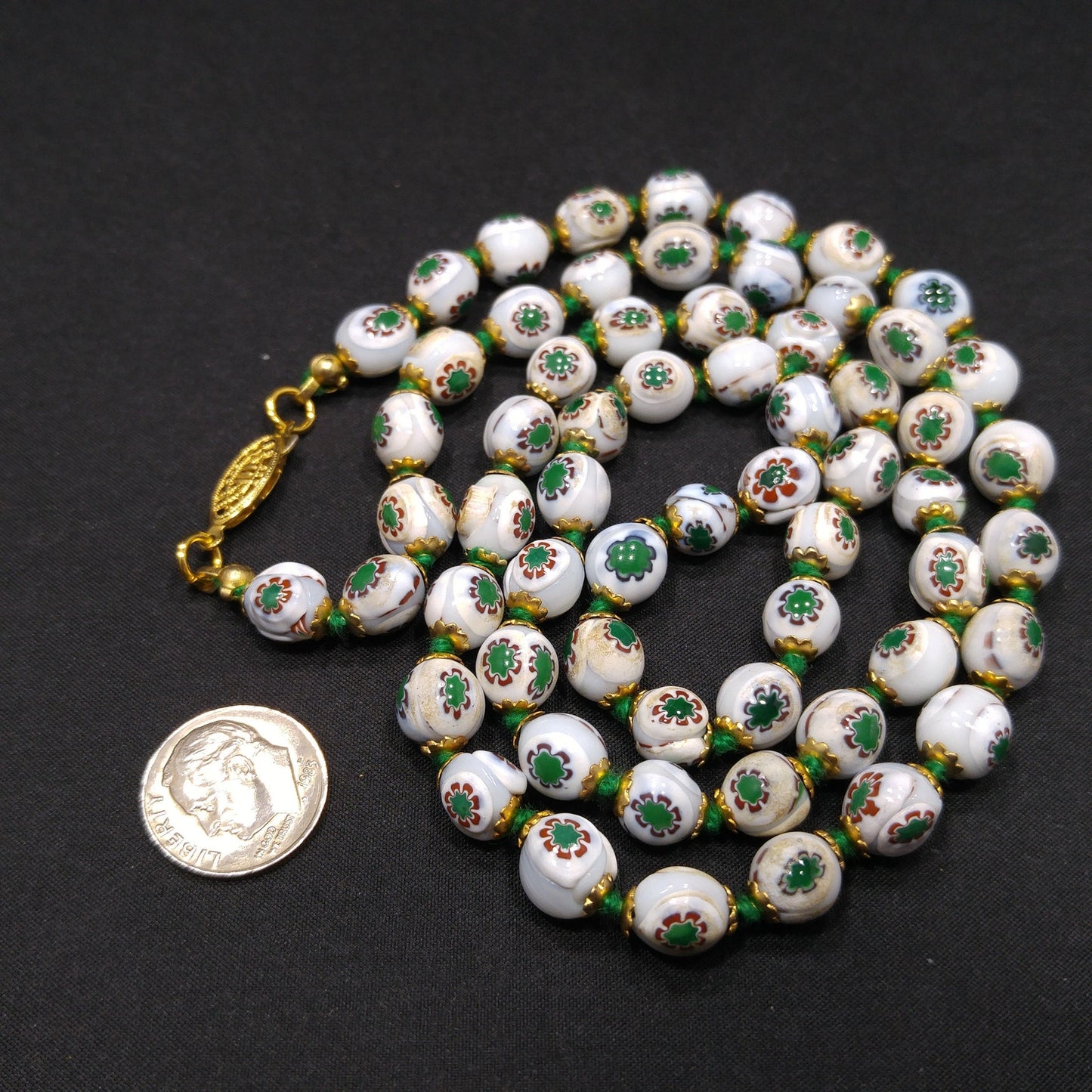 Vintage 1960s Hand Painted Floral Beaded Necklace – Green & Red Flowers – 28 In