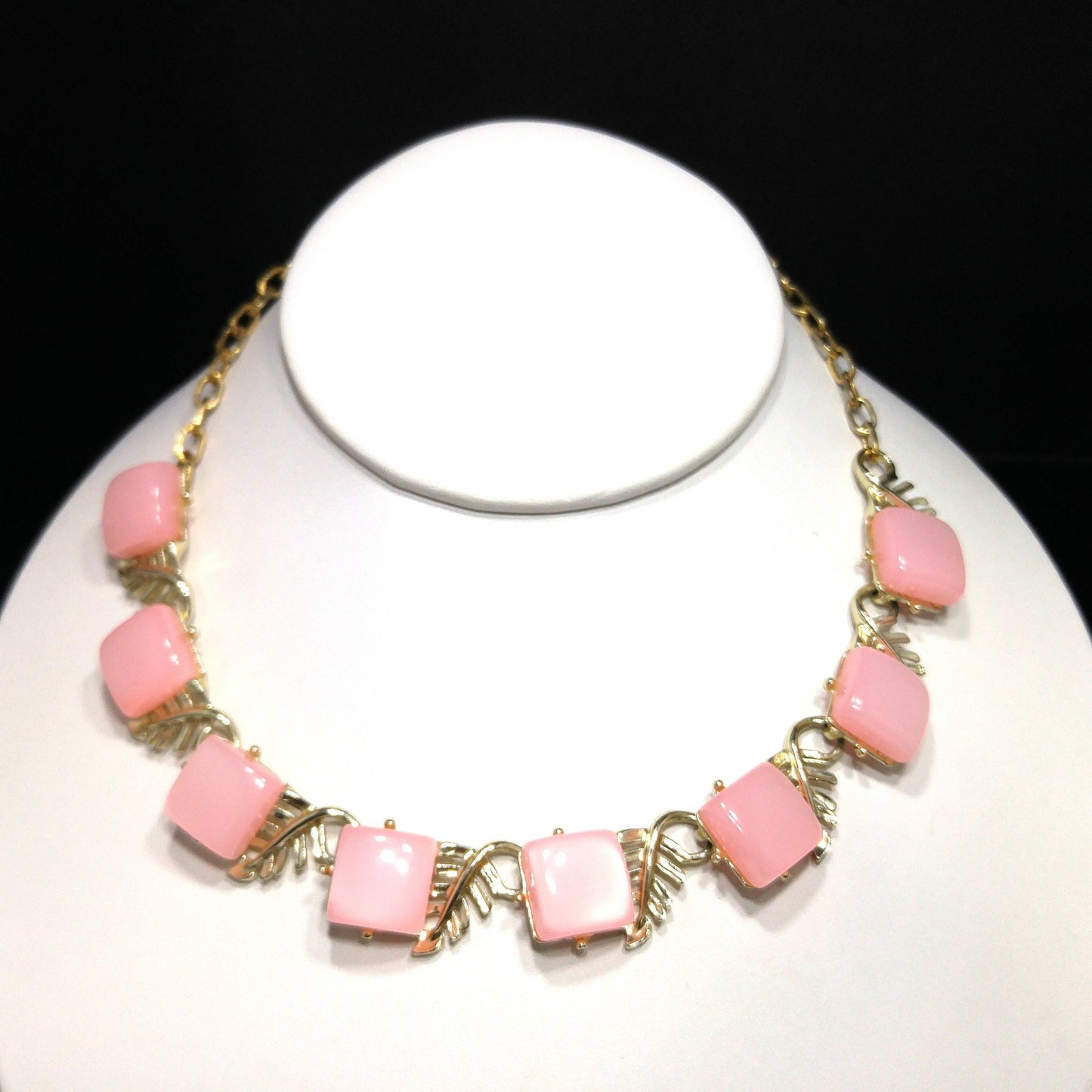 Mid-Century Pink Moonglow Choker Necklace, Lucite Squares, 1950s Vintage Jewelry