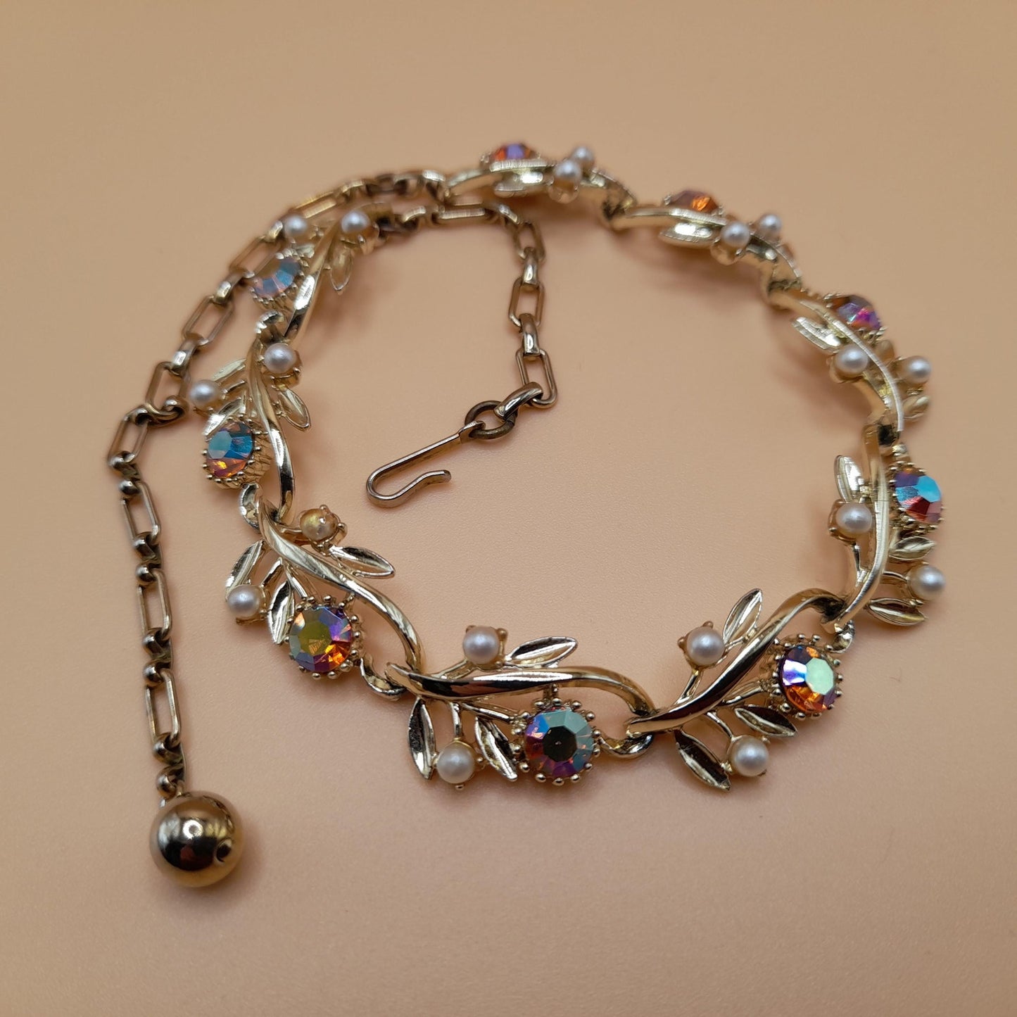 Vintage Light Topaz Rhinestone Choker Necklace, Faux Pearls, 1950s, 15 In