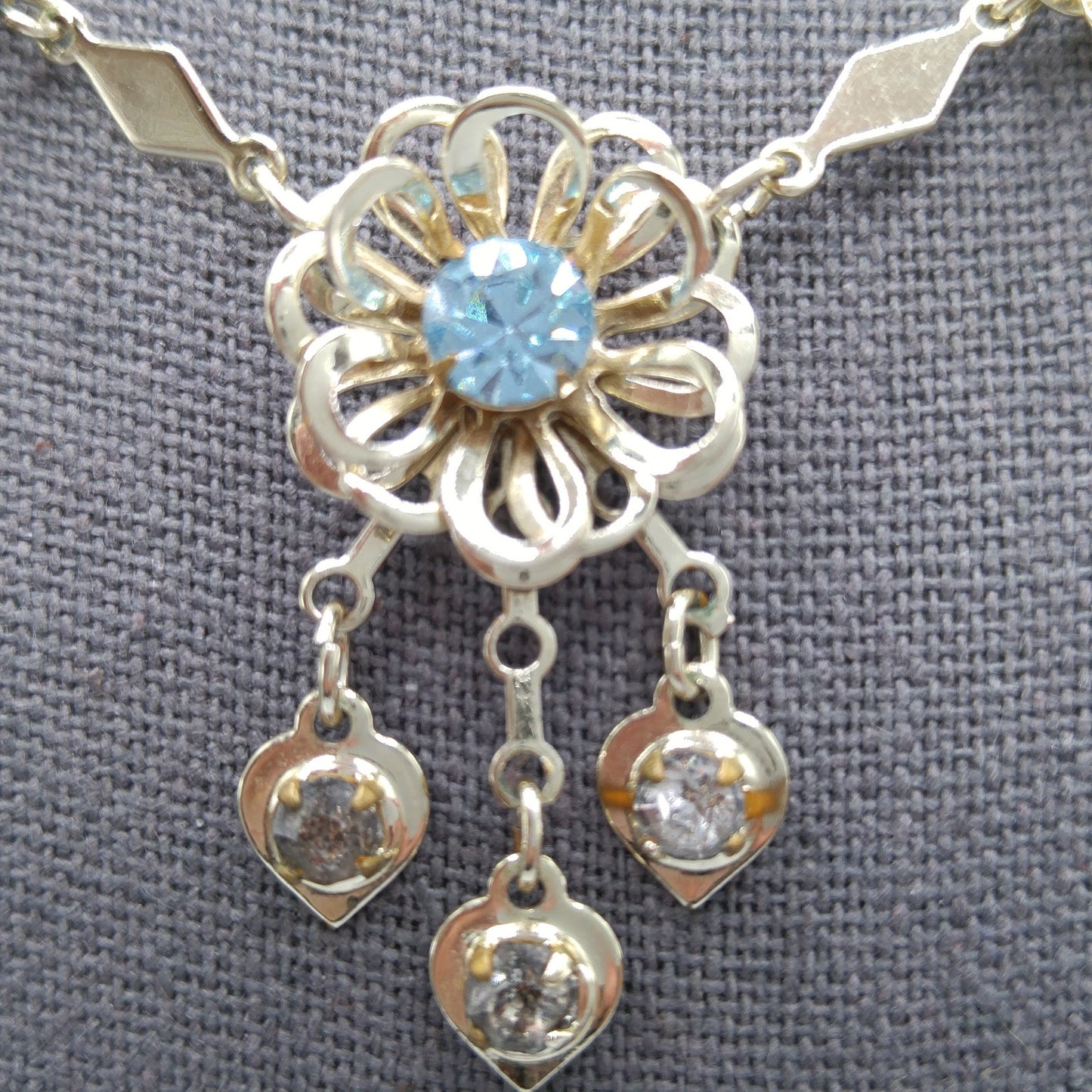 Mid-Century Floral Necklace, Light Blue Rhinestones, Gold Plated, 1950s Vintage Jewelry