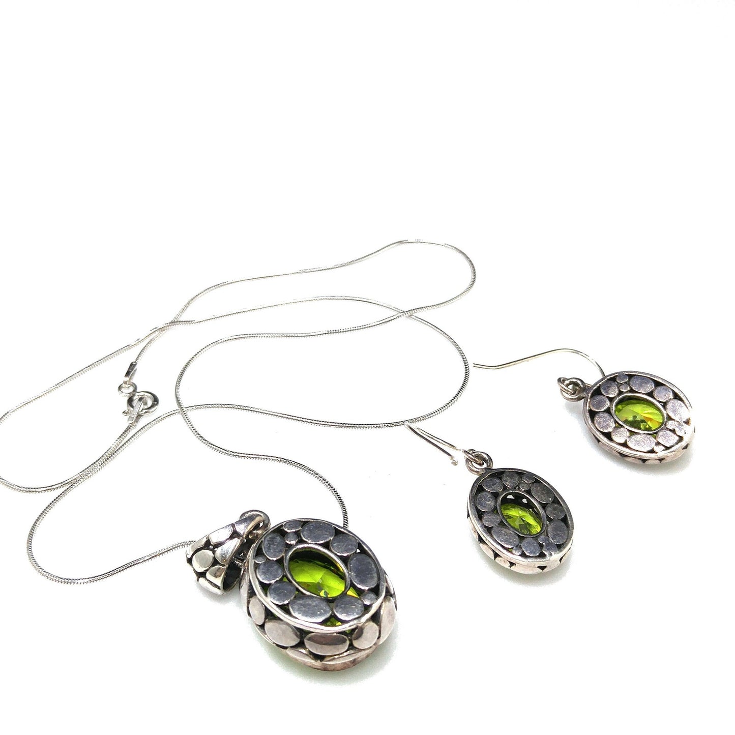 Peridot CZ Silver Necklace & Earrings Set, Italy Snake Chain, 1990s Vintage Jewelry