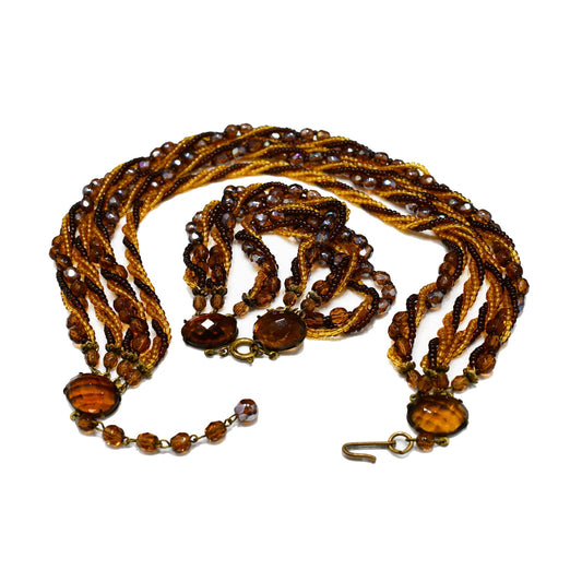 Vintage Czech Beaded Necklace & Bracelet Set, Topaz Fire Polished Beads, 1950s