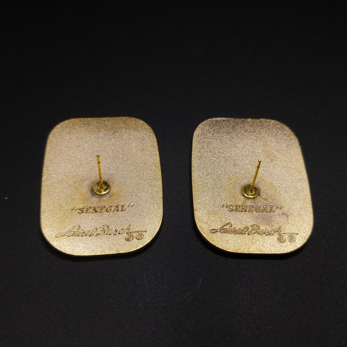 Laurel Burch "Senegal" Large Post Earrings, Cloisonné Gold Plated Enamel, 1980s Vintage Jewelry