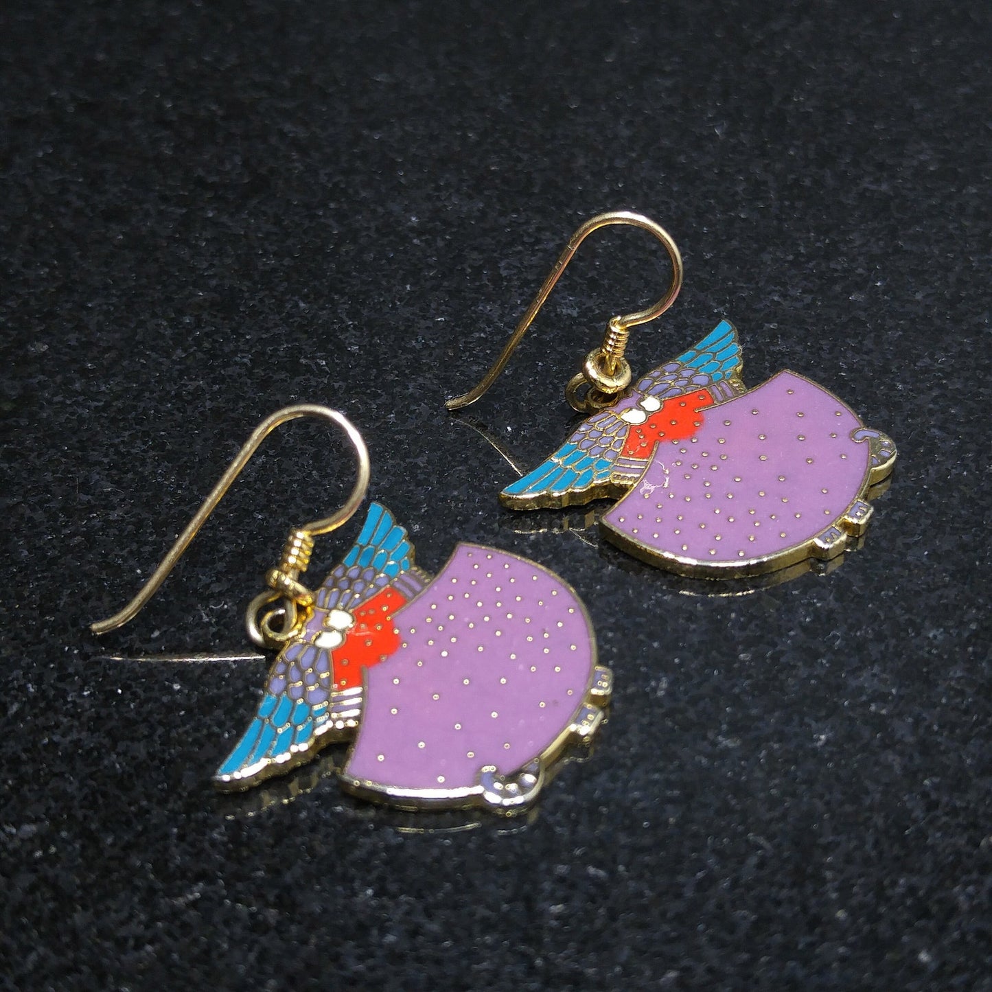 Laurel Burch "Angelicat" Earrings, Gold Plated Cloisonne & Enamel, 1980s