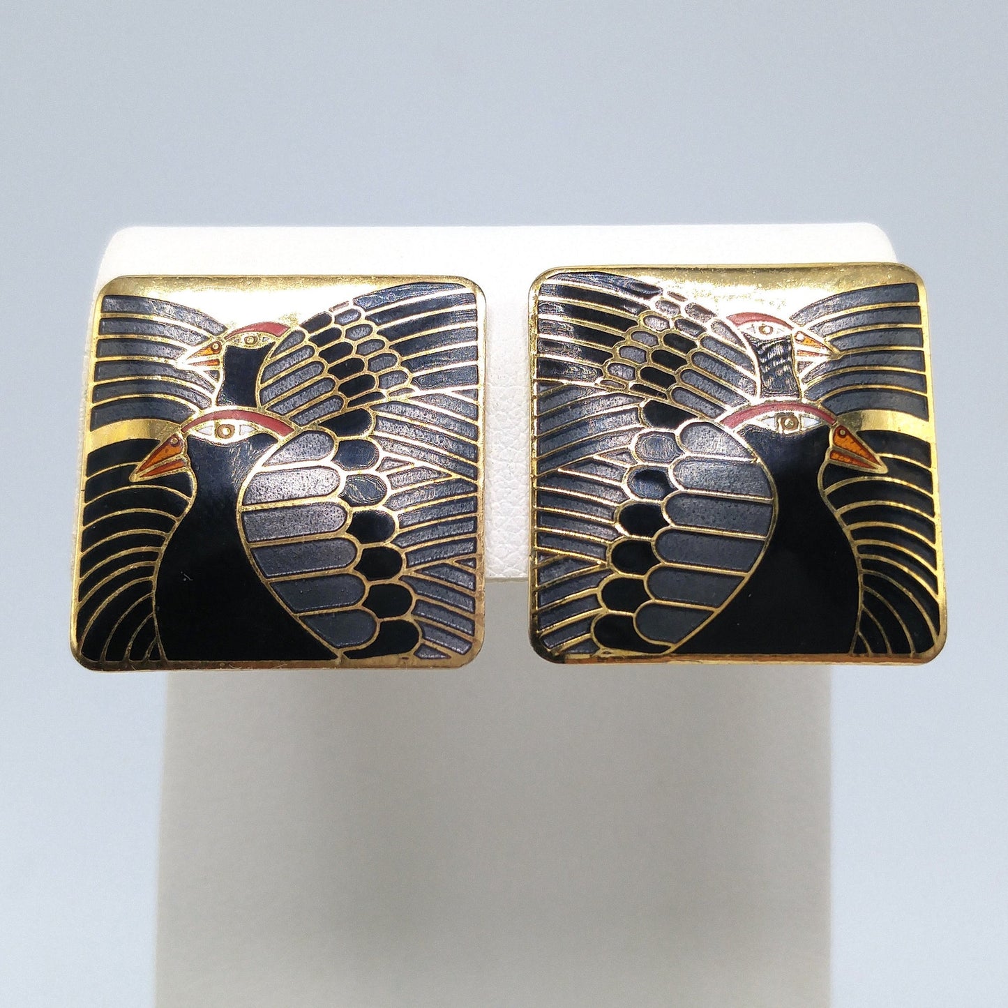 Vintage Laurel Burch "Moondoves" Clip Earrings, Black Birds, Gold Plated