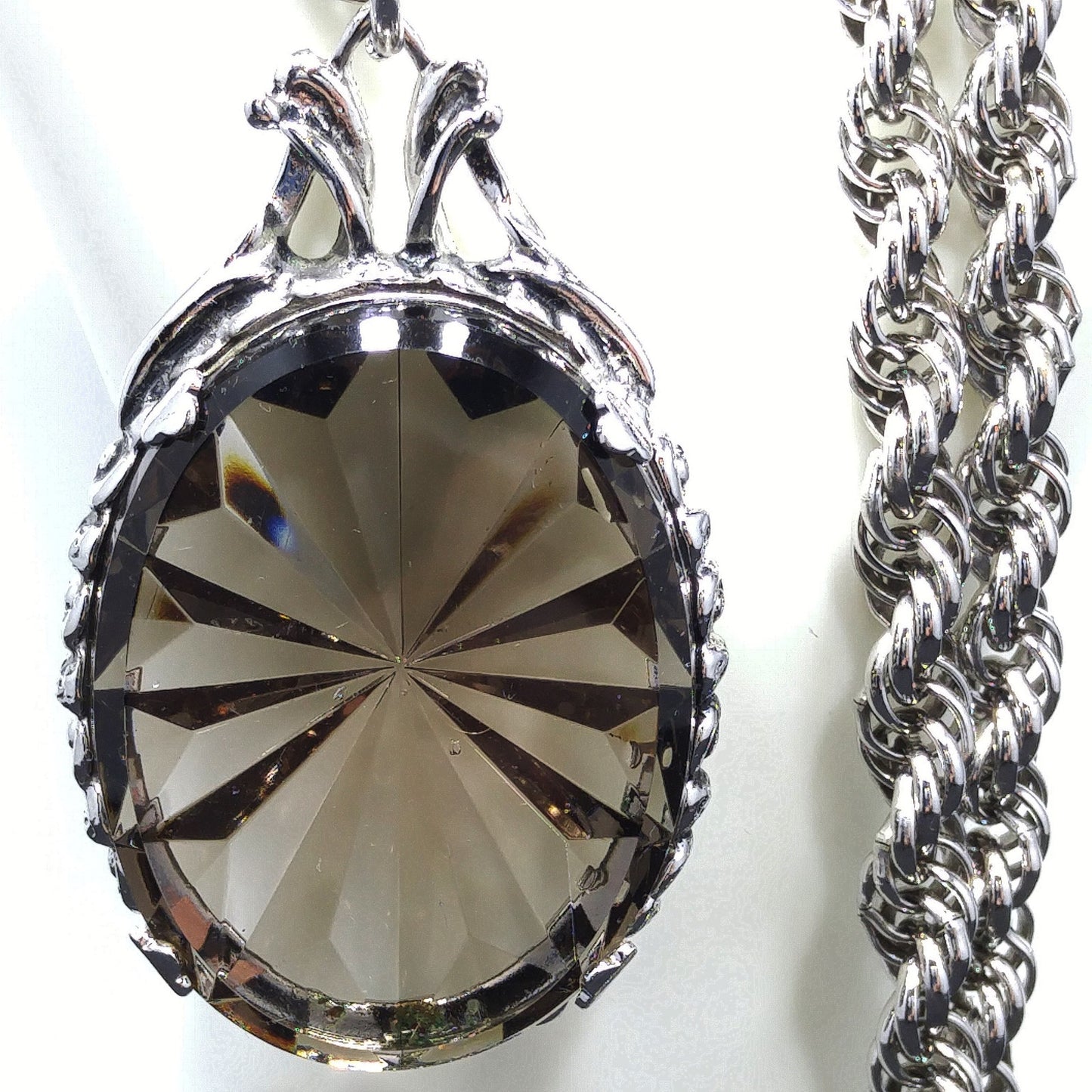 Whiting & Davis Smoky Tourmaline Faceted Pendant Necklace, Rope Chain, 1960s