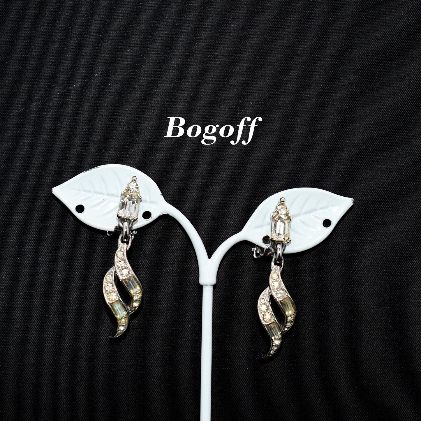 Bogoff Clear Rhinestone Clip Dangle Earrings, Rhodium Plated, Wedding Earrings, 1950s Vintage Jewelry