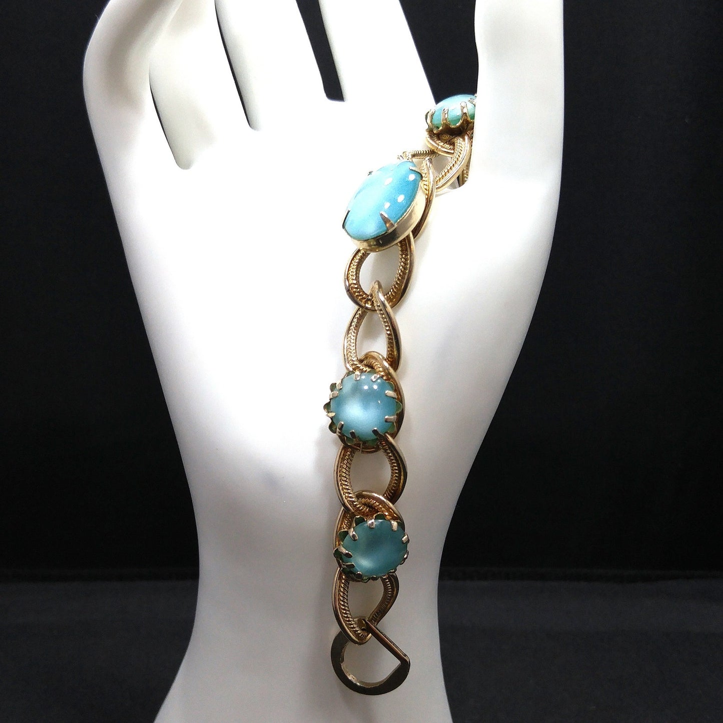 Mid-century Turquoise Art Glass Cabochon Bracelet, Gold Tone, 1950s Vintage Jewelry