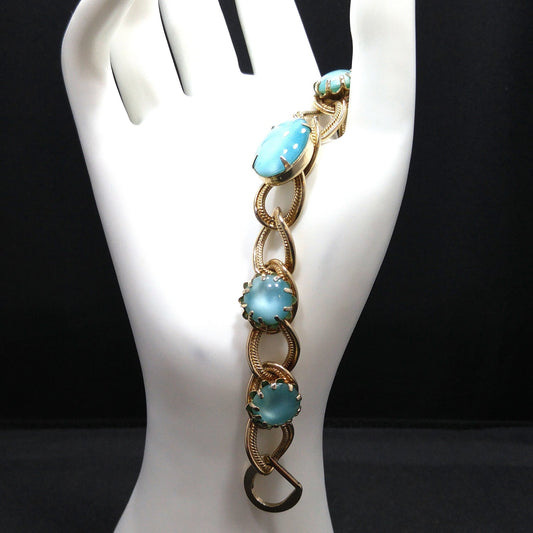 Mid-century Turquoise Art Glass Cabochon Bracelet, Gold Tone, 1950s Vintage Jewelry