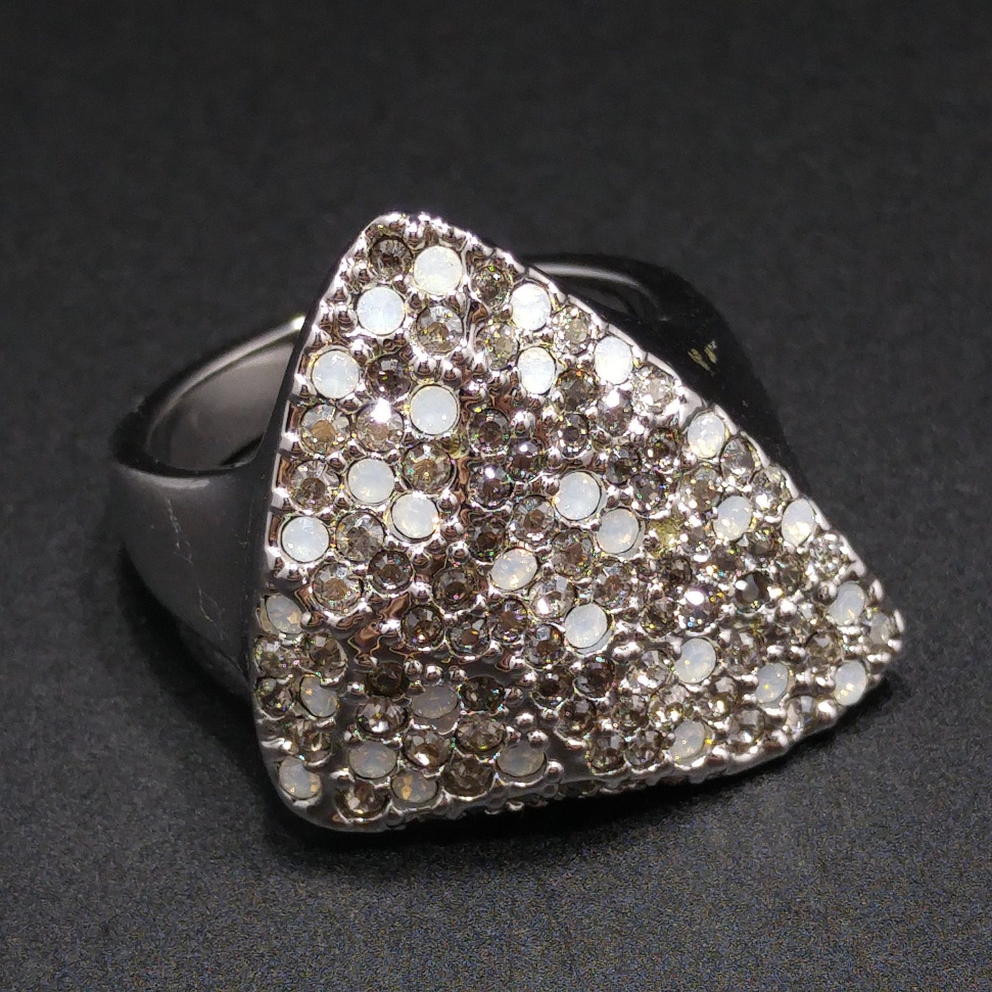 Swarovski Rhinestone Cocktail Ring, Triangular Shape, Clear Smoky & Faux Opal Crystals, Vintage Size 8.5, Swan Logo