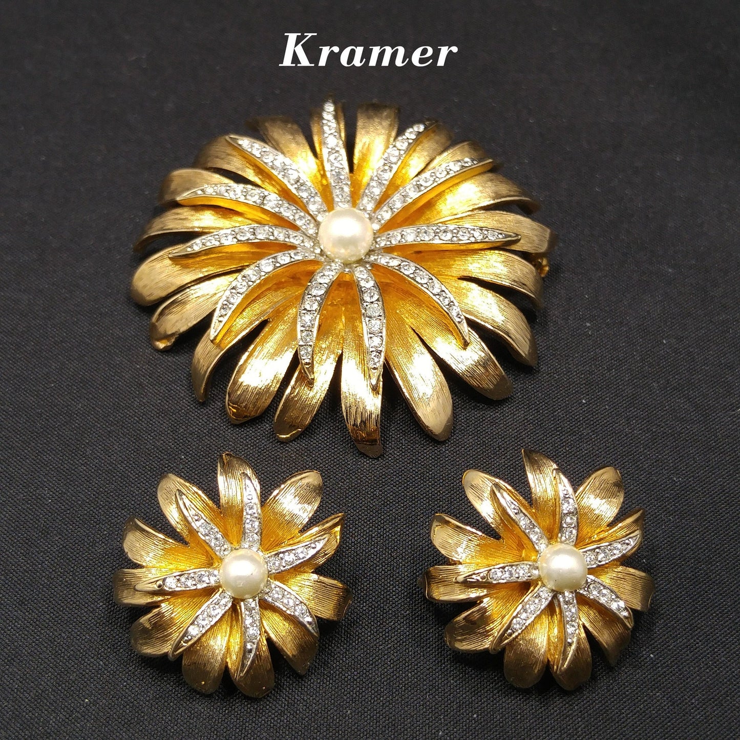 Kramer Floral Rhinestone Brooch & Earrings, Gold Plated, Faux Pearls, 1960s Vintage Jewelry
