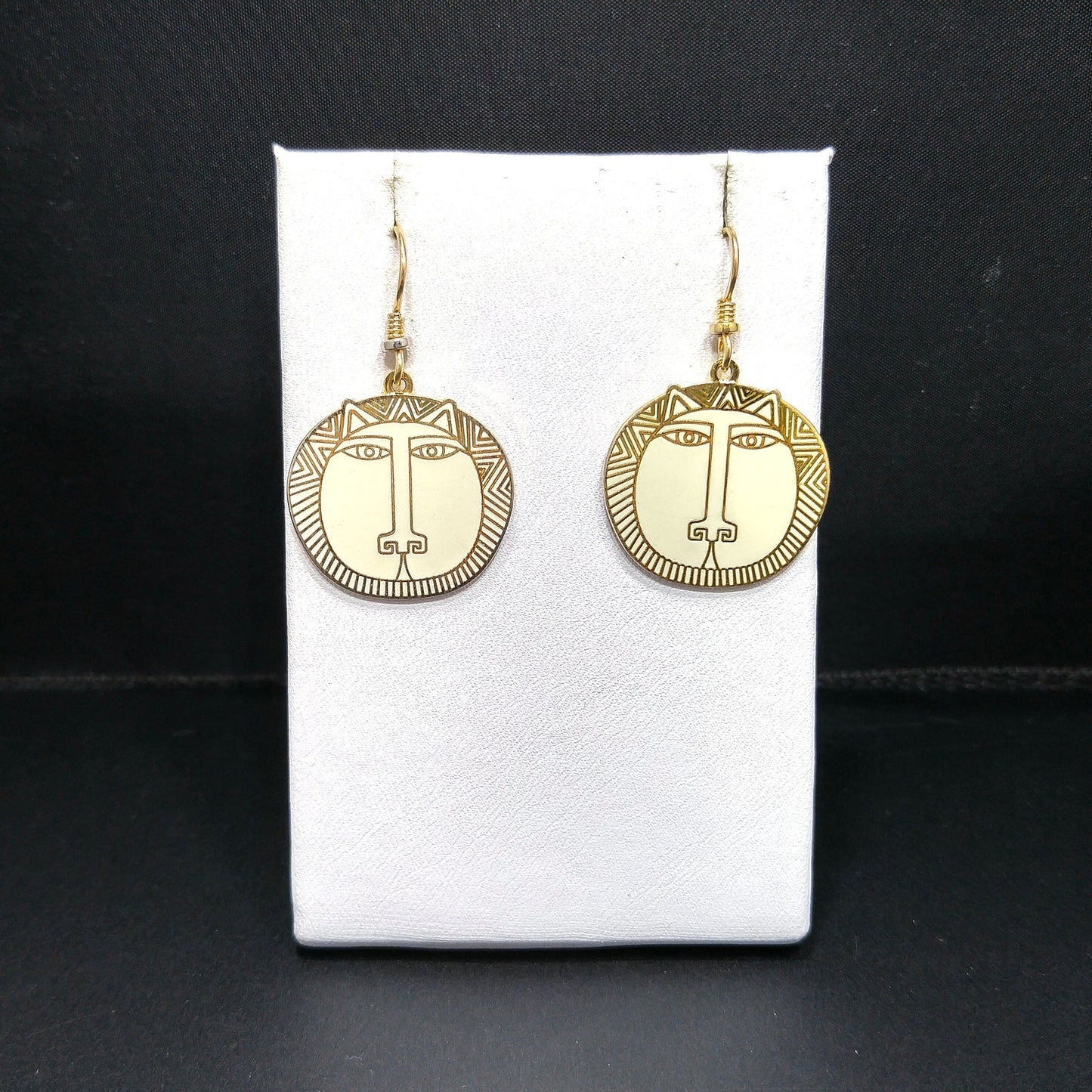 Laurel Burch "Moon Tiger" White Drop Earrings, Gold Plated Cloisonné, White Enamel, 1980s Vintage Jewelry