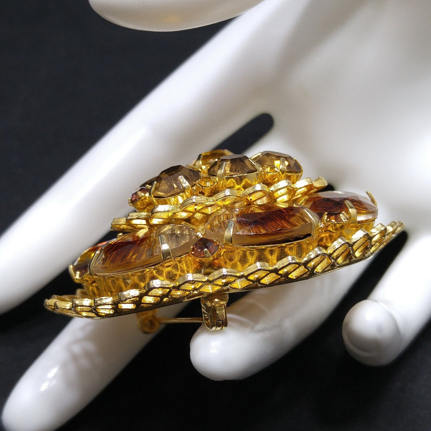 Light Dark Topaz Rhinestones Filigree Brooch, Art Glass, Two Tiered Oval Pin, 1960s Vintage Jewelry