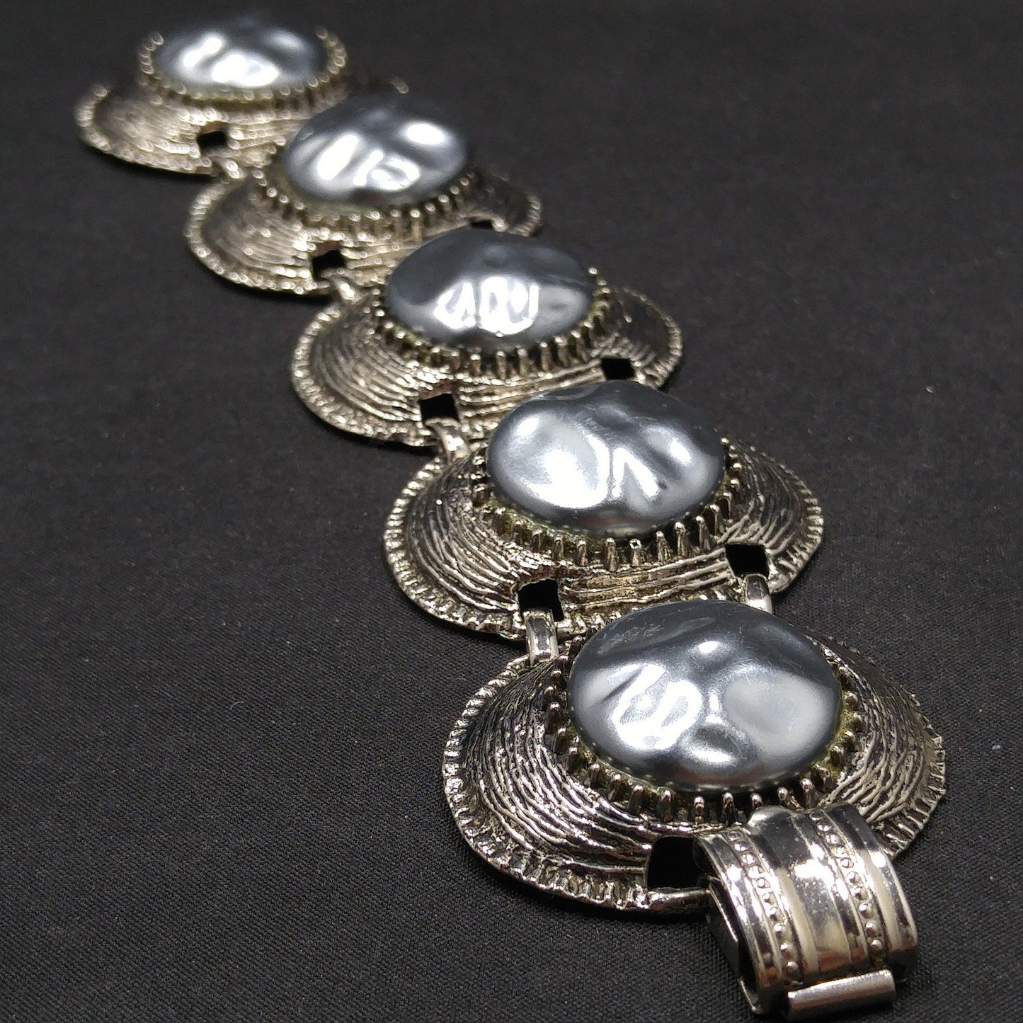 Mid-century Silver Chunky Five Link Bracelet, Gold Plated, Blue Lucite Metallic Pearled, 1960s Vintage Jewelry