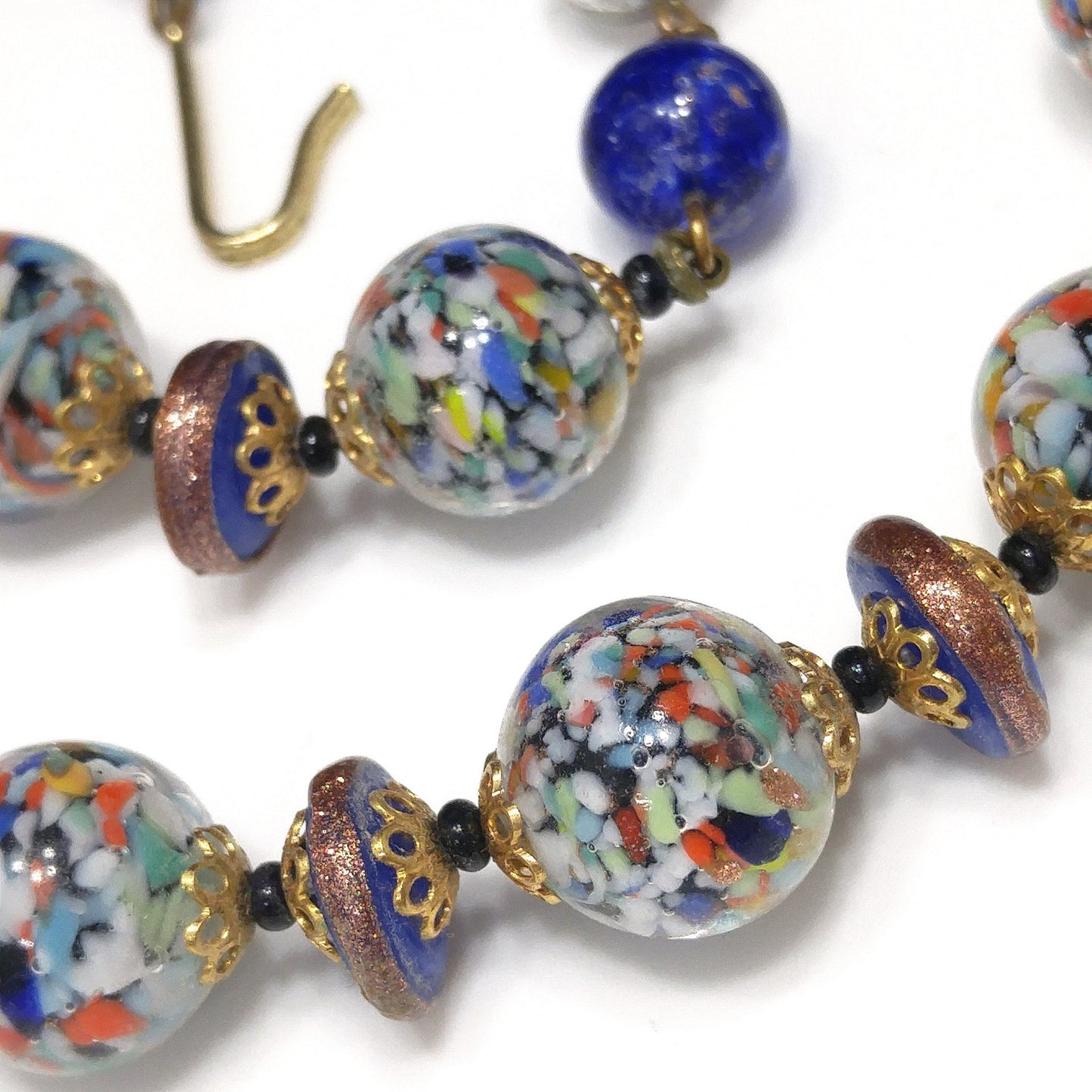 Murano Speckled Glass Beaded Necklace, Cobalt Blue Aventurine Glitter Glass, 1950s Vintage Jewelry