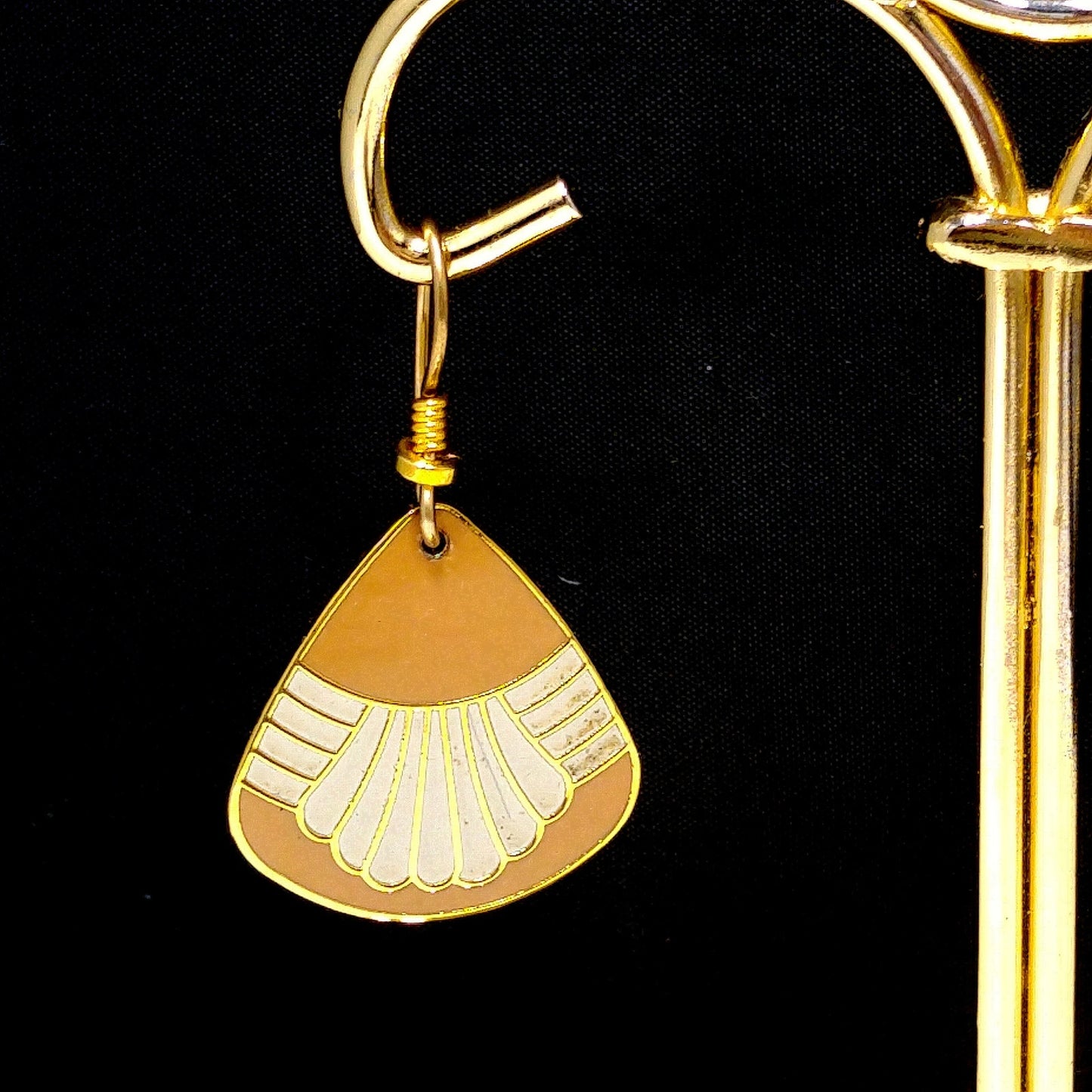 Vintage Laurel Burch Waterfall Earrings, Gold Plated, Beige & Gray Enamel