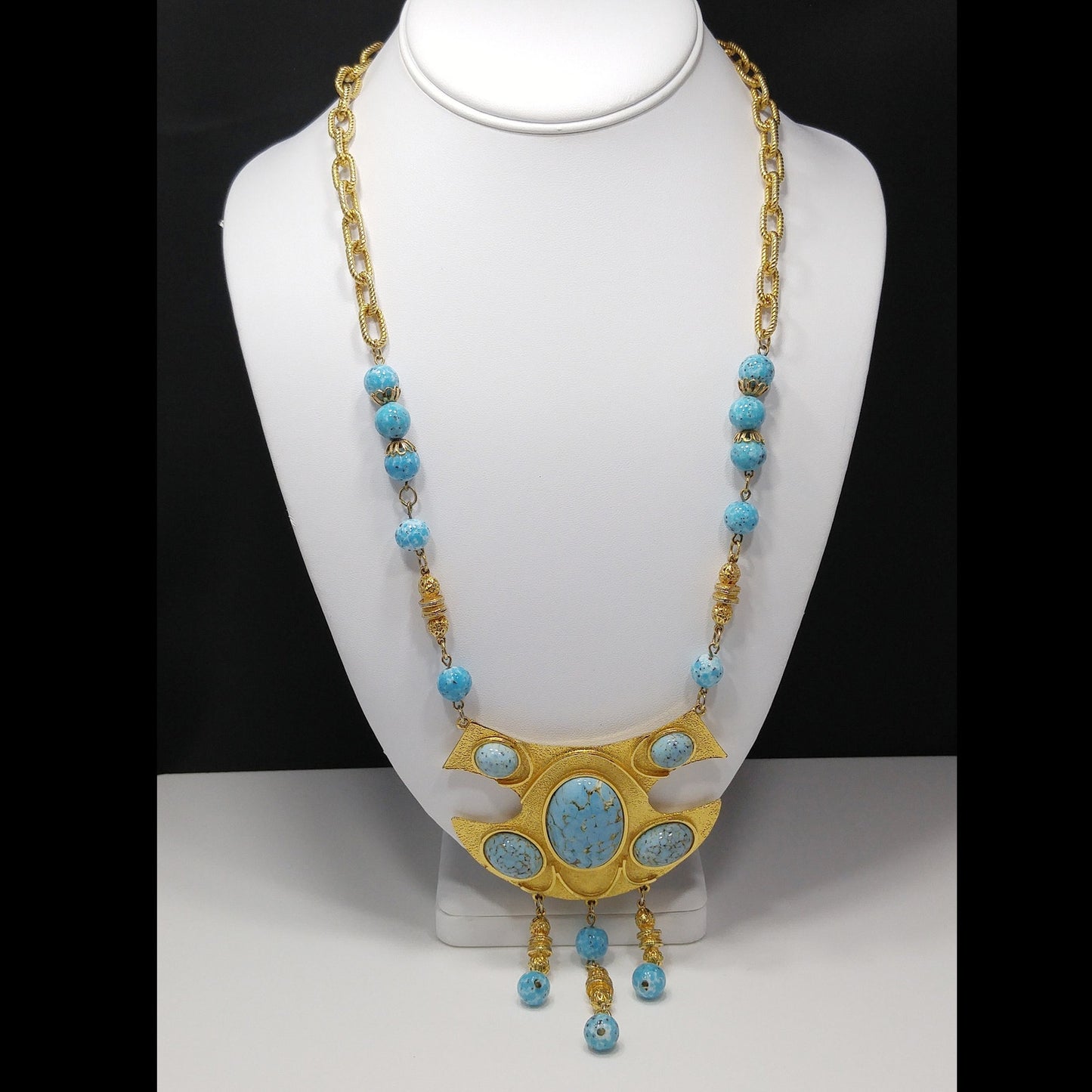 Vendome Pendant Necklace, Gold Plated, Faux Glass Turquoise, 1960s Vintage Jewelry