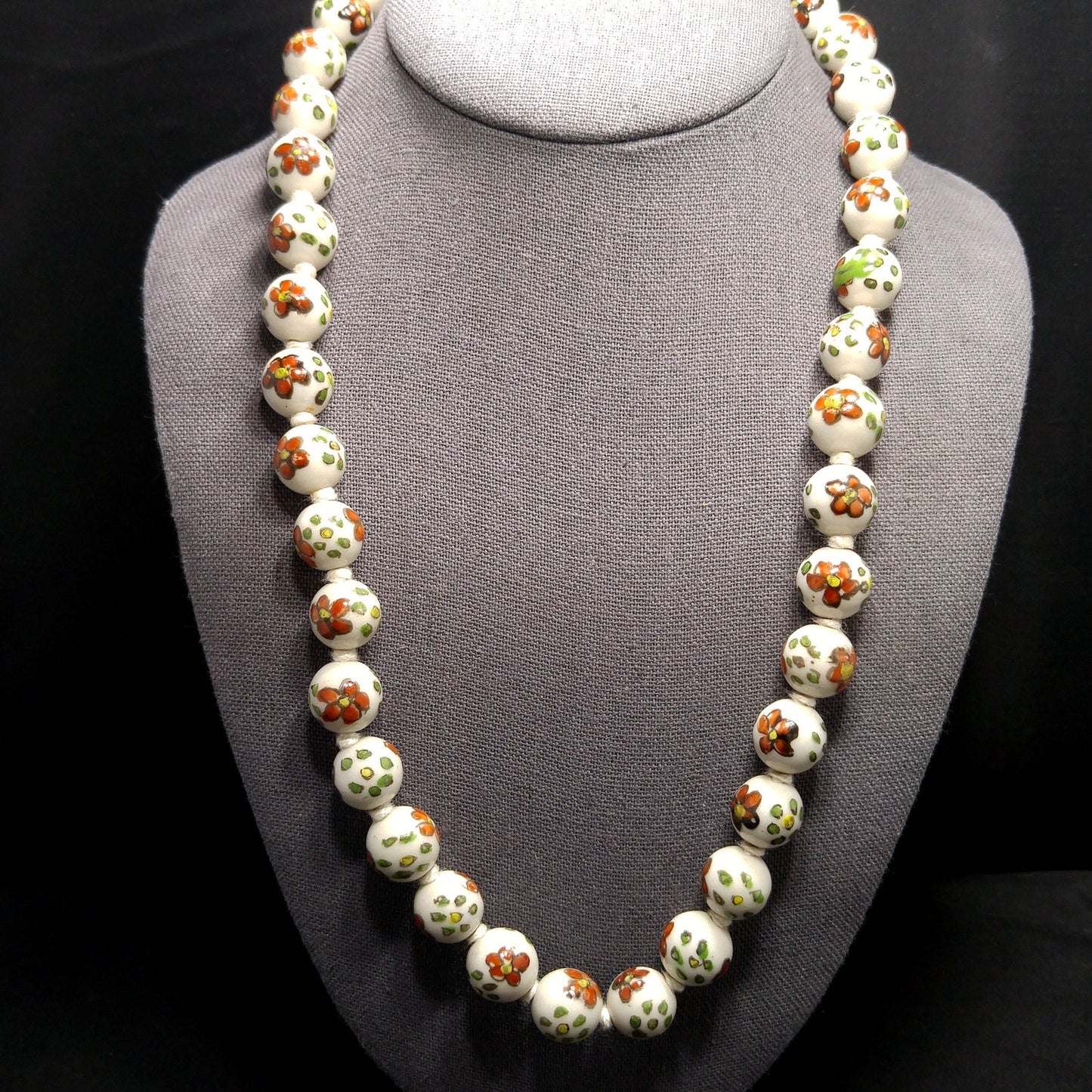 Vintage Ceramic Hand Painted Bead Necklace, Chinese Import, Hand-Knotted, 1960s