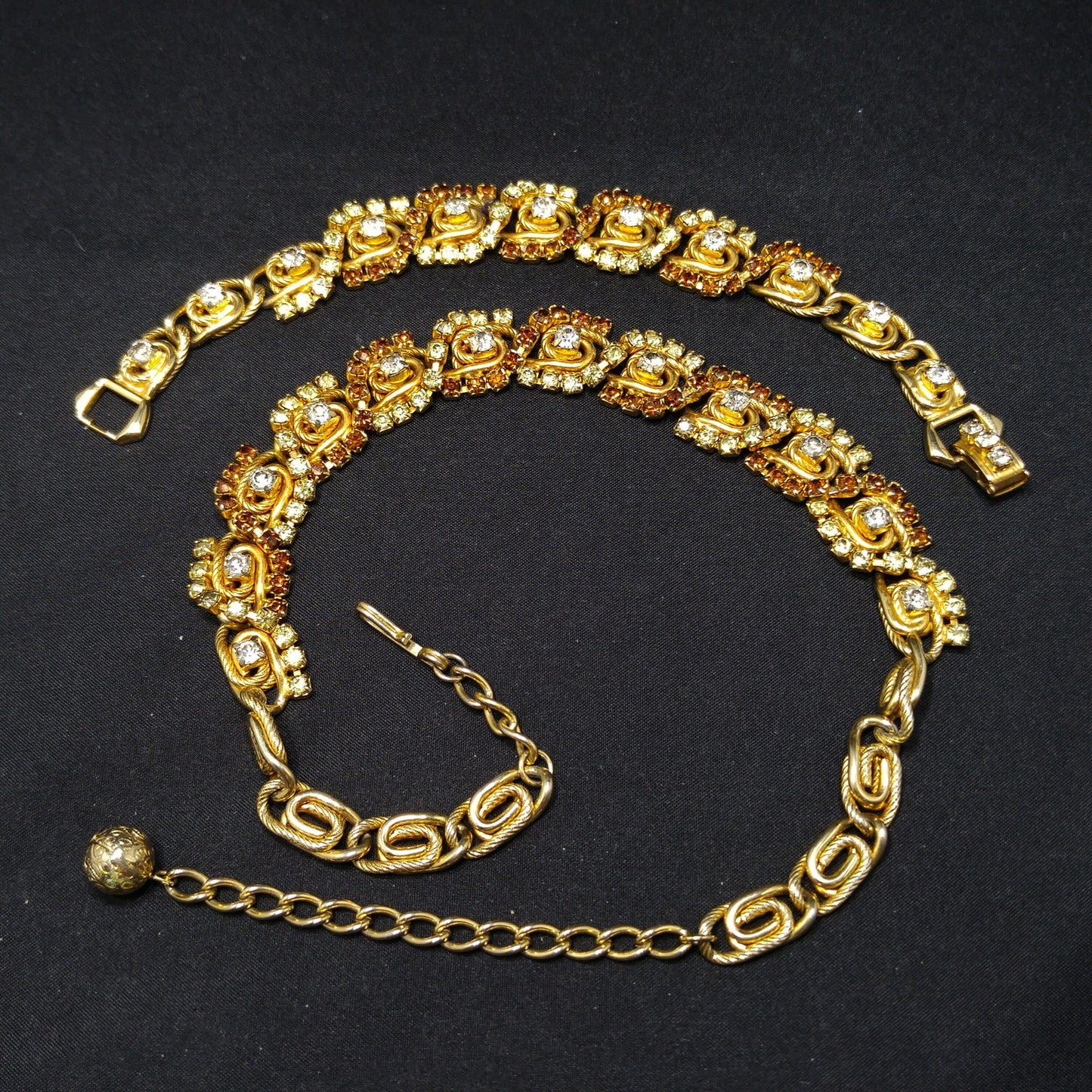Hobe' Topaz Lt. Green Clear Rhinestone Necklace Bracelet Set, Gold Plated, 1960s Vintage Jewelry