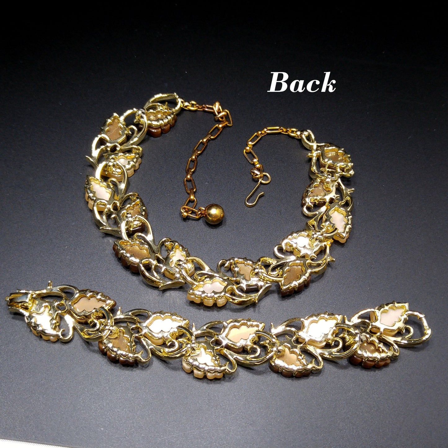 Mid-Century Beige Brown Moonglow Leaves Necklace Bracelet Set, Lucite Jewelry, 1950s Vintage Jewelry