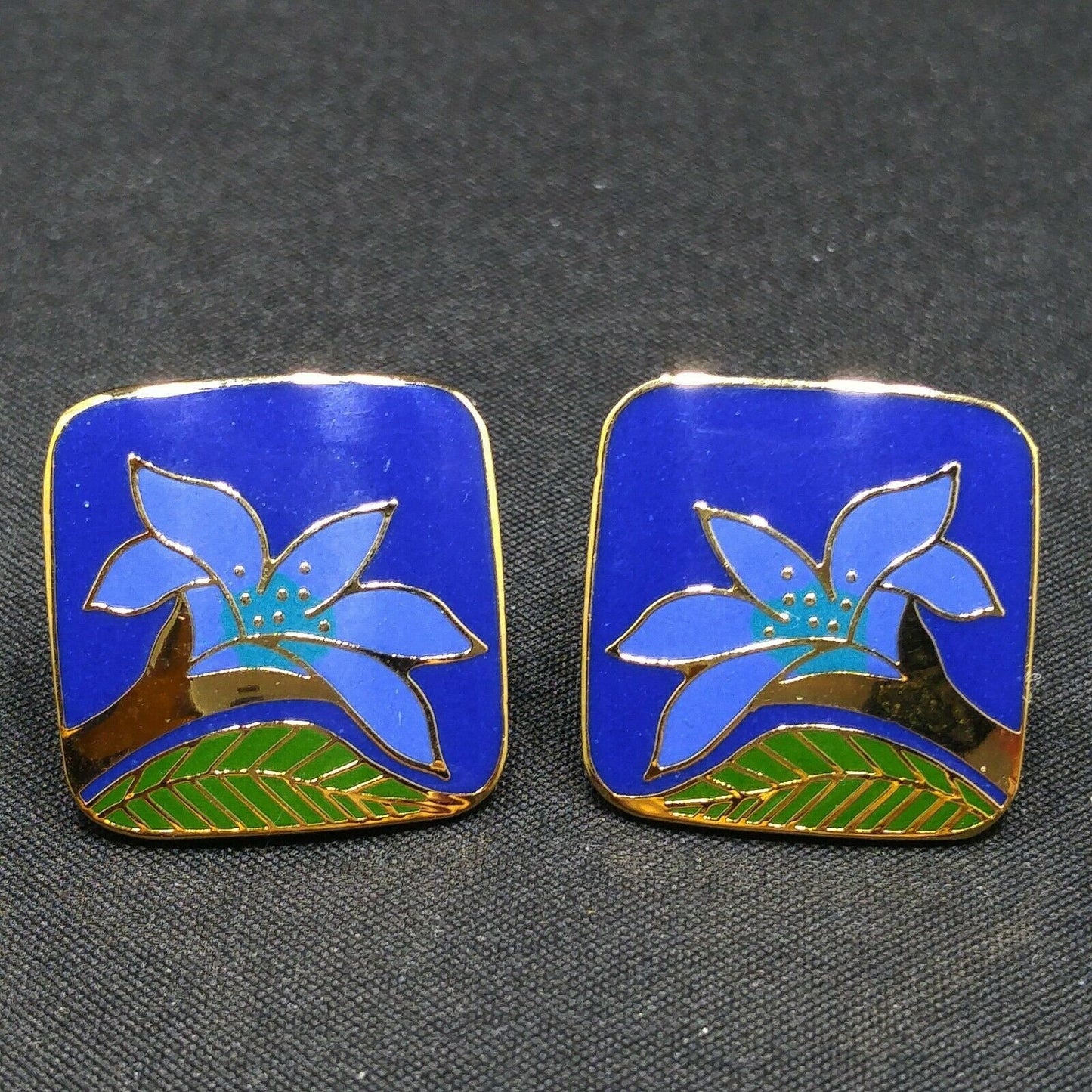 Laurel Burch "Wild Lily" Blue Post Earrings, Cloisonne Gold Plated, 1980s