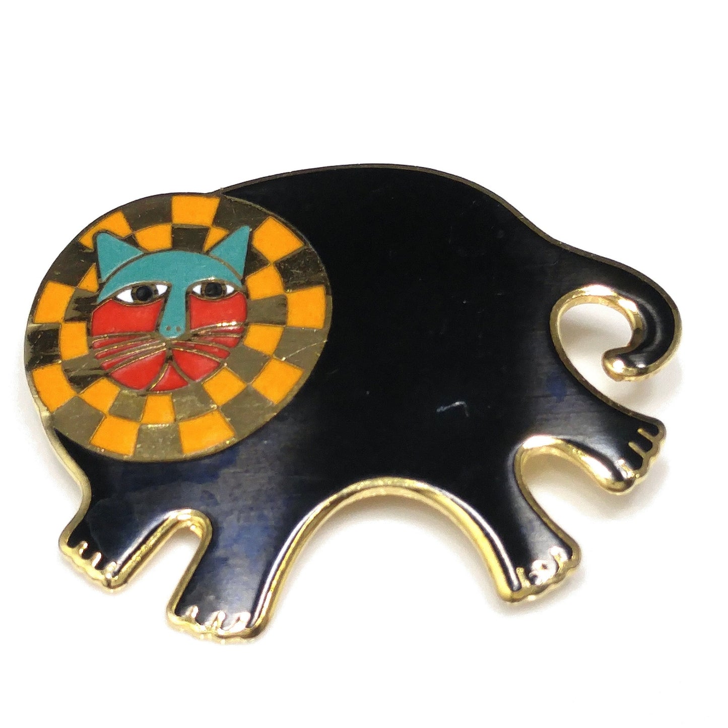 Laurel Burch "Bartholomew" Brooch, Gold Plated Cloisonné, Black Gold Enamel, 1980s Vintage Jewelry