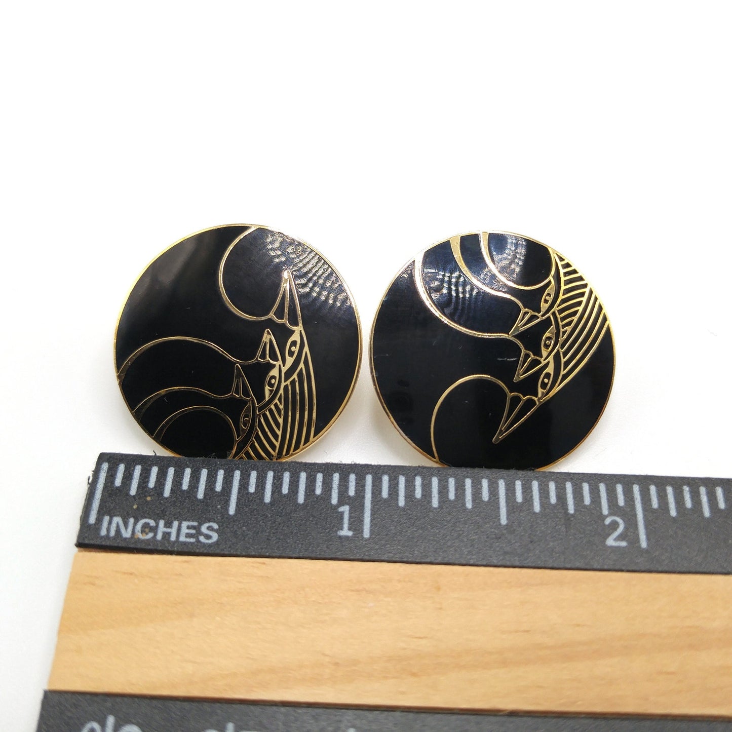 Vintage Laurel Burch "Celestial Birds" Clip Earrings, Black Enamel, Gold Plated