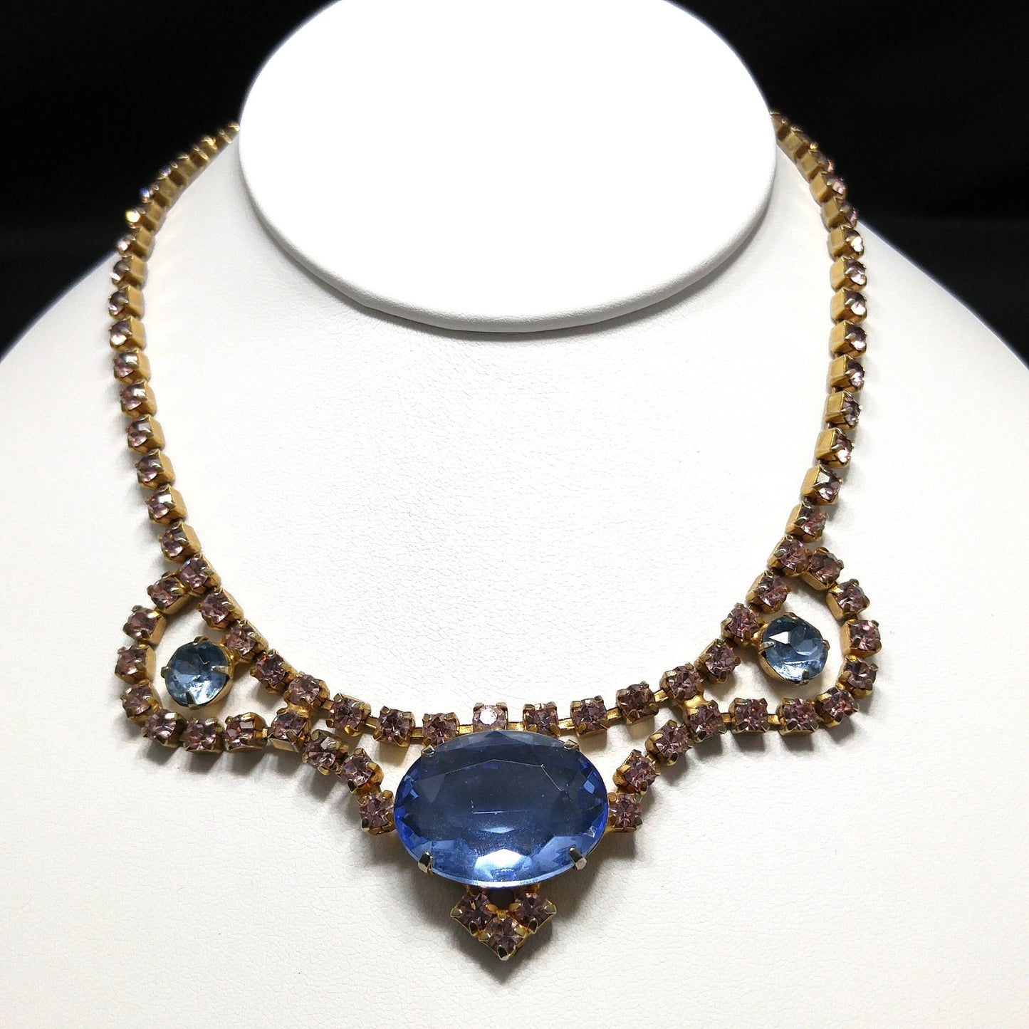 Large Blue & Pink Rhinestone Necklace, Gold Plated, 1950s Vintage Jewelry