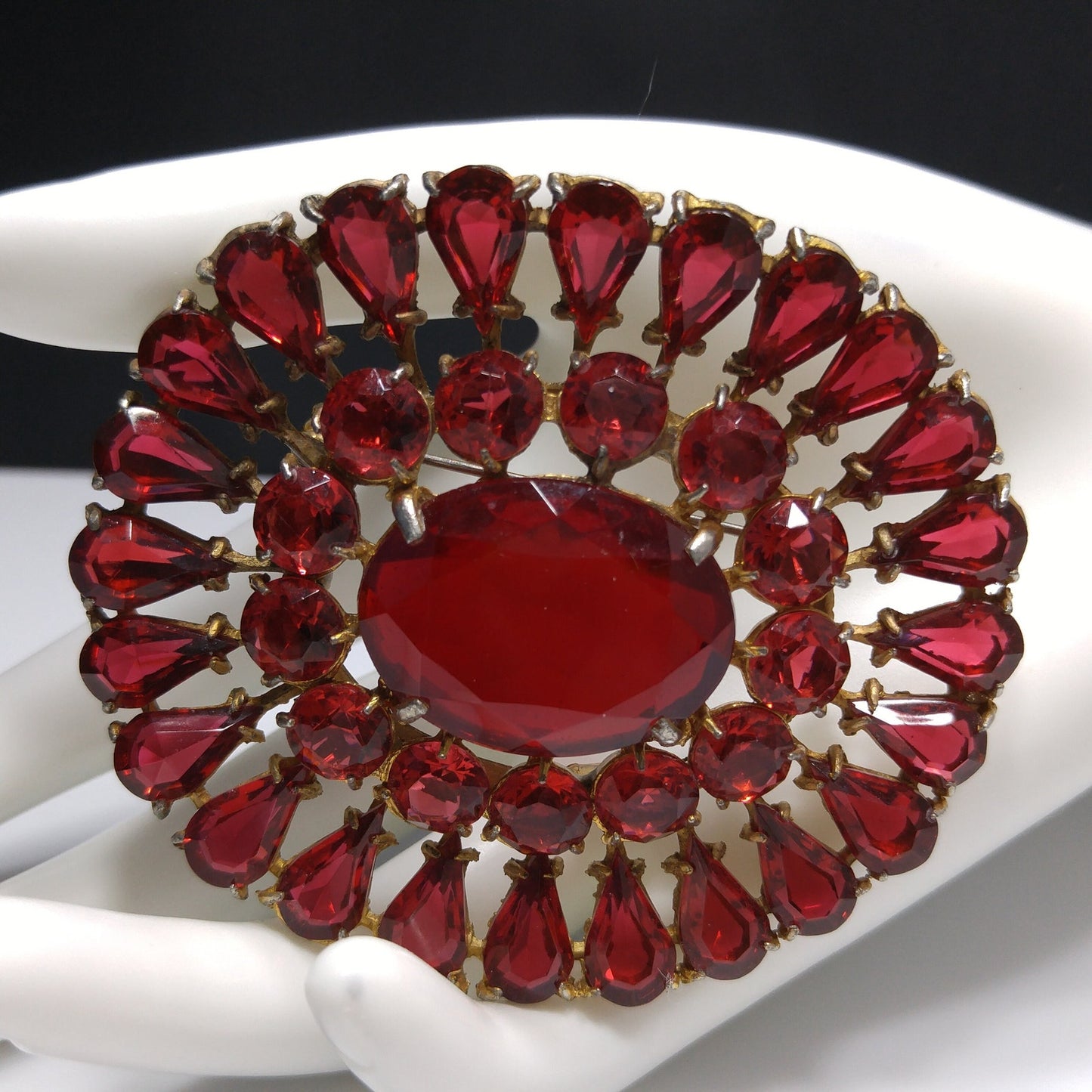Large Red Rhinestone Sash Pin Brooch, Faceted Red Glass Stone Center, 1940s Vintage Jewelry