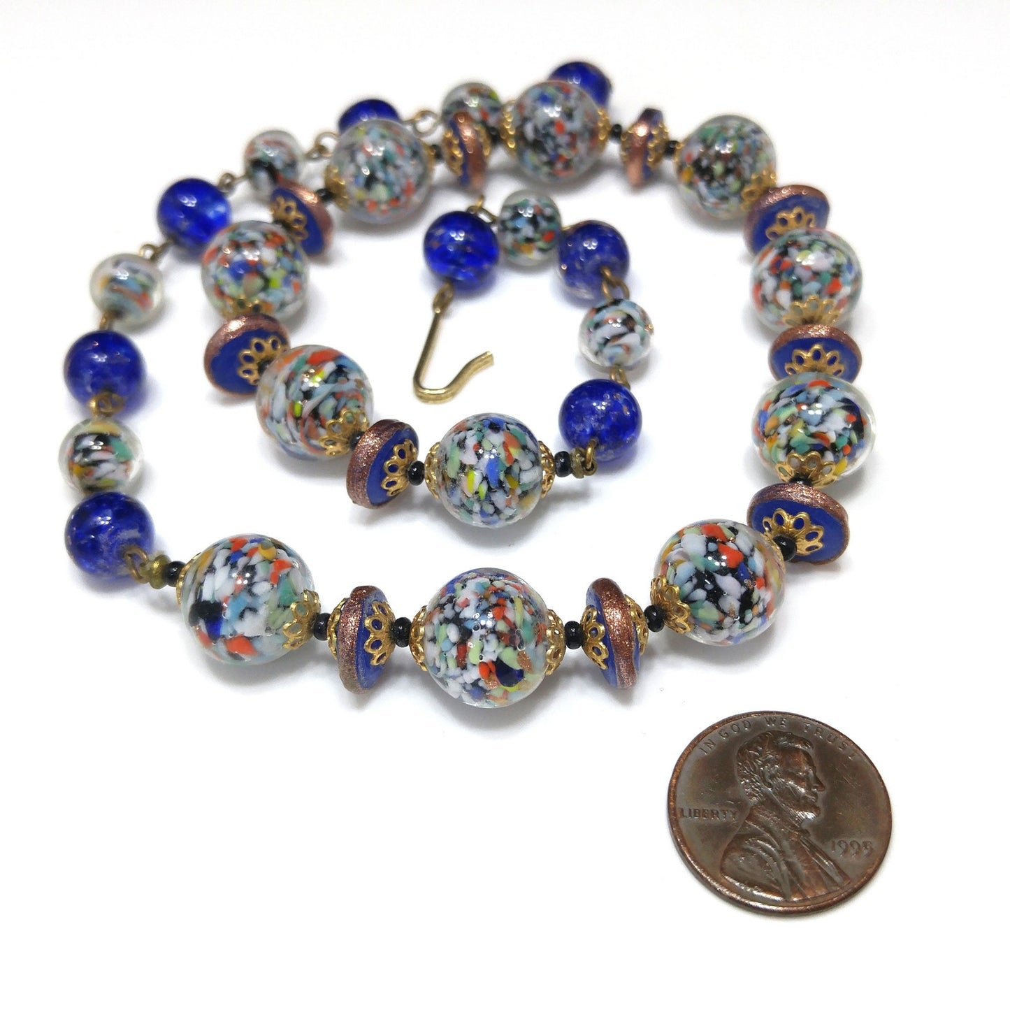 Murano Speckled Glass Beaded Necklace, Cobalt Blue Aventurine Glitter Glass, 1950s Vintage Jewelry