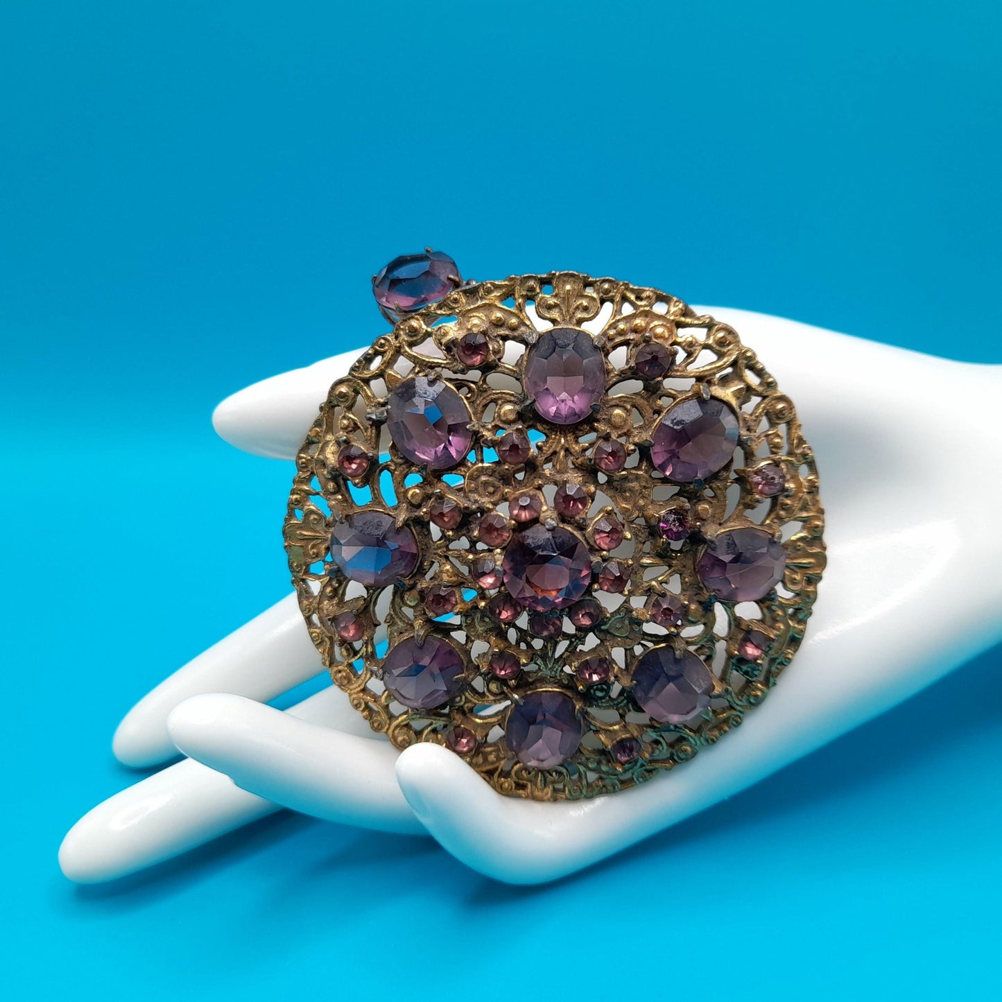 Vintage 1930s Purple Glass Brooch Pendant, Pot Metal, 3 1/2 Inches