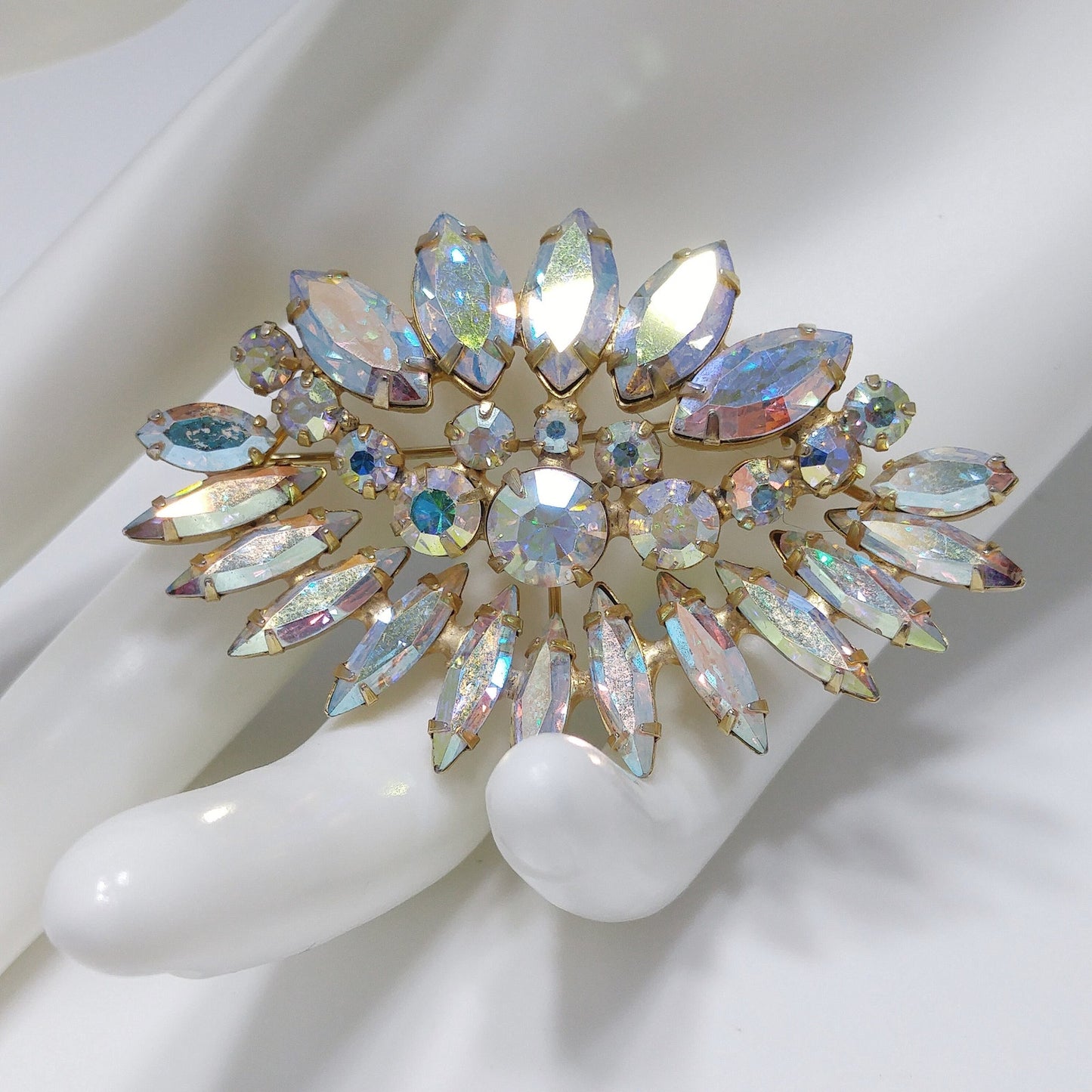 Clear Aurora Borealis Floral Brooch, Wedding Bridal Bouquet, 1960s Vintage Jewelry