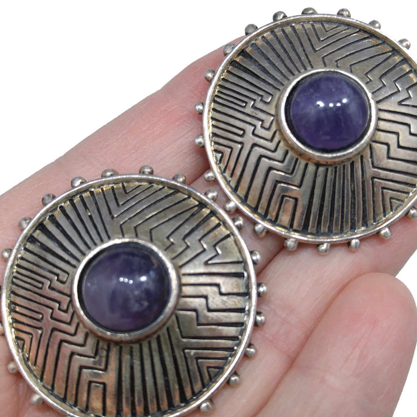 Laurel Burch Amethyst Clip Earrings, Purple Gemstone, Gold Plated, 1980s