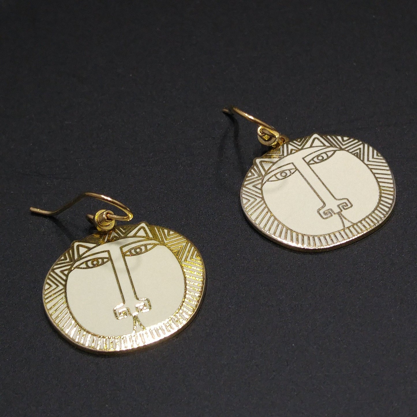 Laurel Burch "Moon Tiger" White Drop Earrings, Gold Plated Cloisonné, White Enamel, 1980s Vintage Jewelry