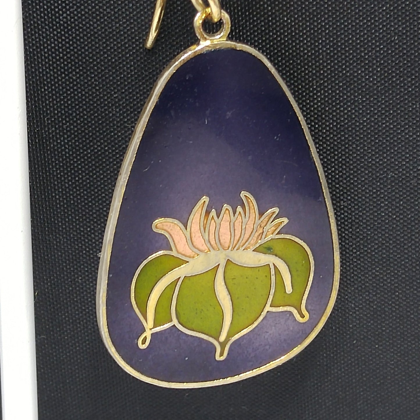 Vintage Laurel Burch Water Lily Earrings, Dark Blue Pink Green Enamel
