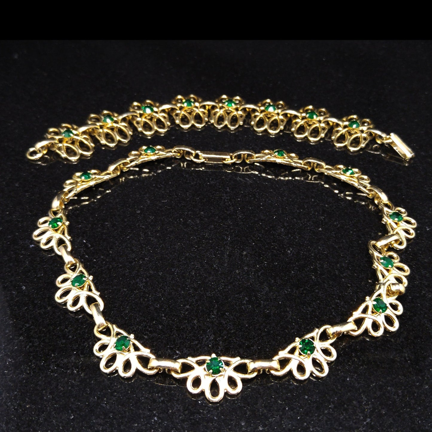 Green Rhinestone Necklace & Bracelet Set, Gold Tone, 1950s Vintage Jewelry