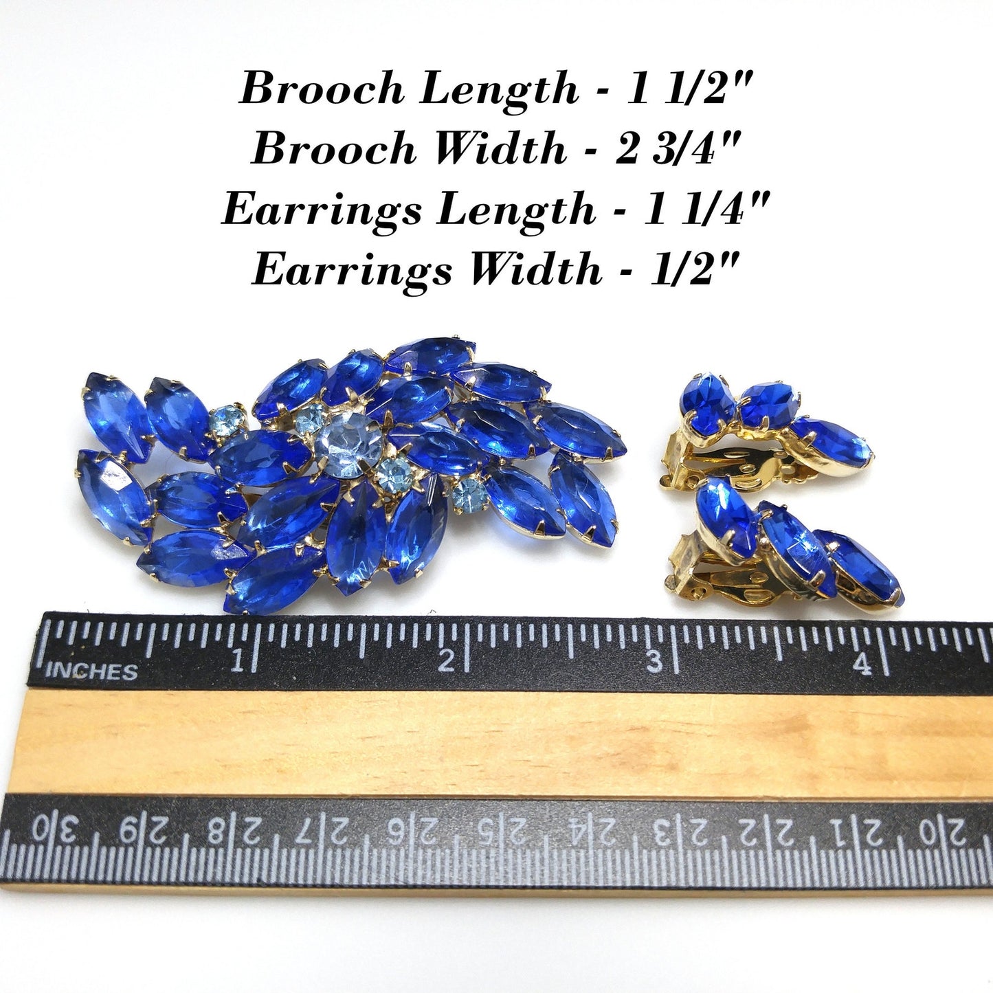 Vintage Royal Light Blue Rhinestone Brooch Earring Set, Gold Plated, 1960s Vintage Jewelry
