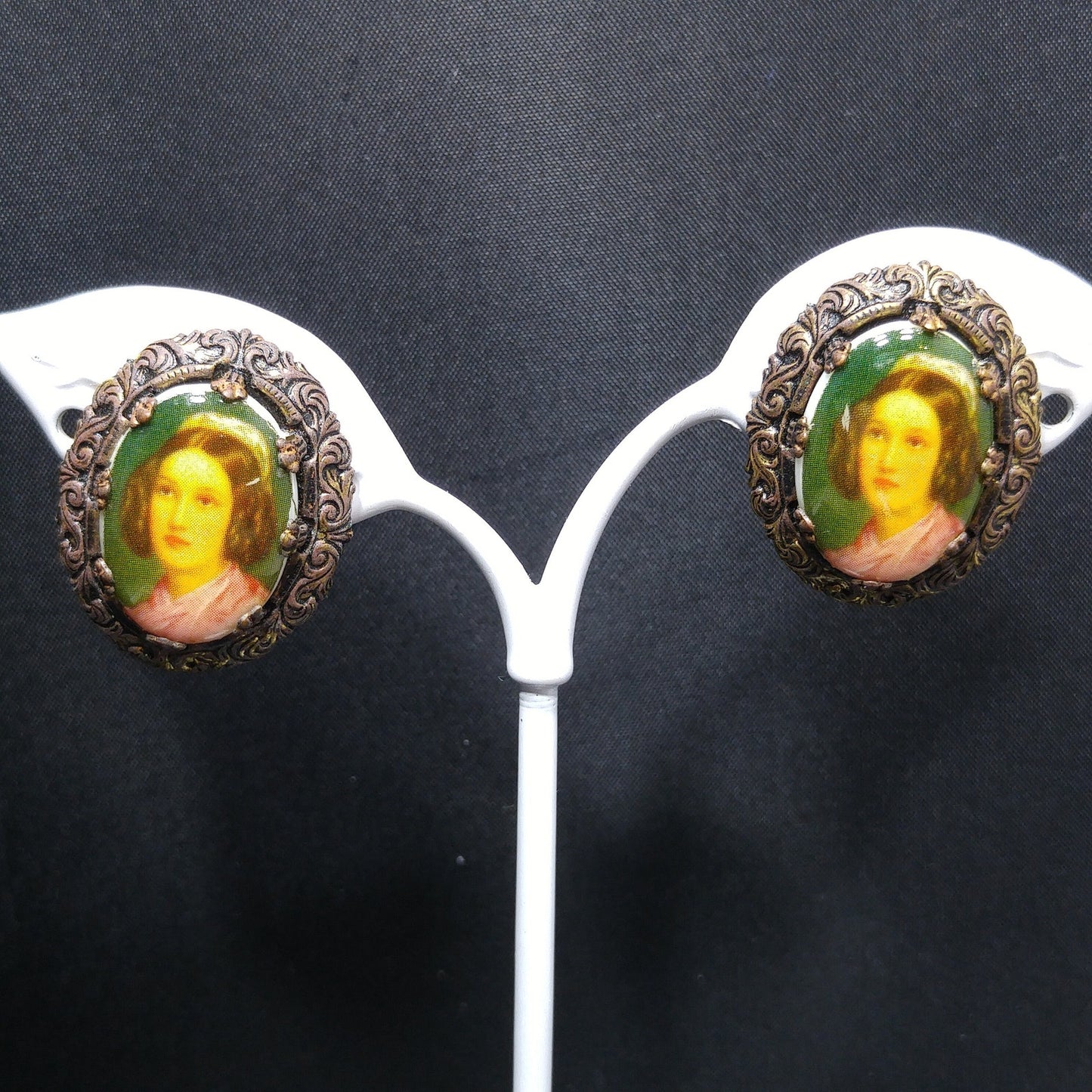 Western Germany Vintage Brooch Earrings Set Portrait Transfer on Glass Gold Tone