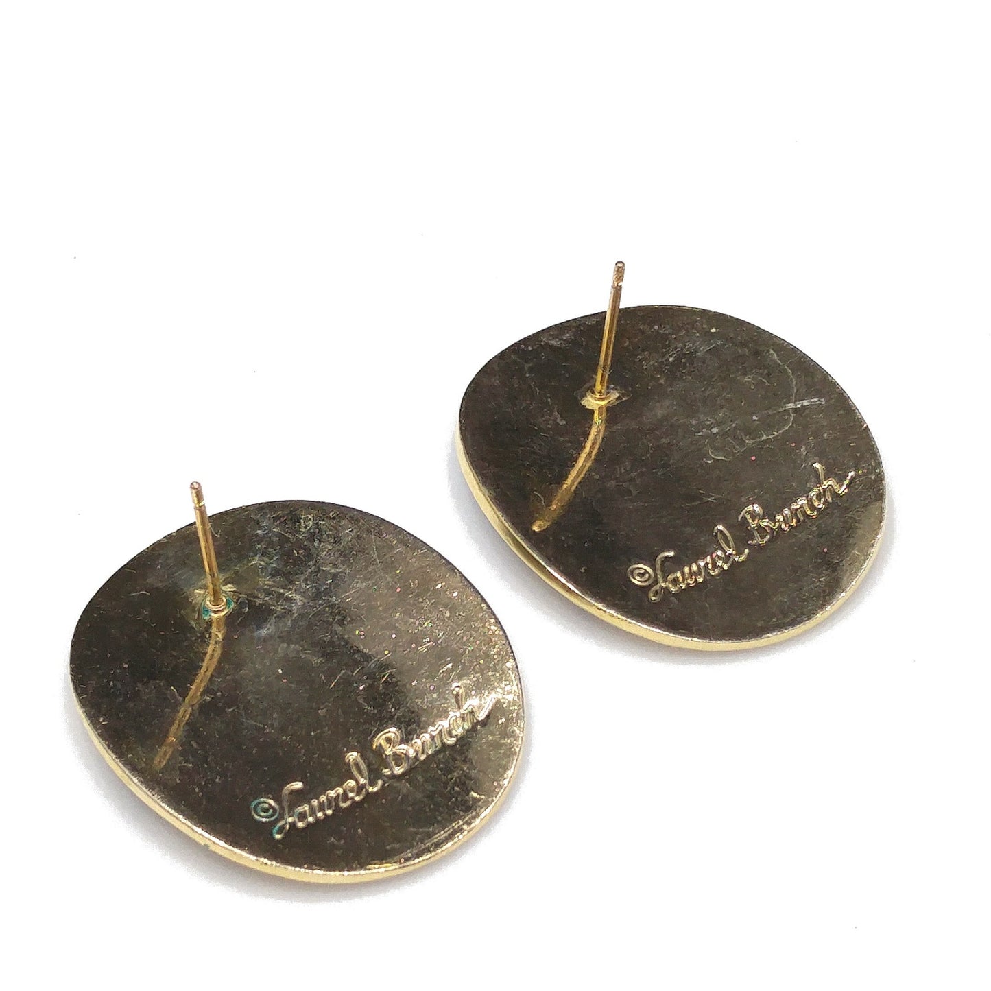Laurel Burch Blue Metallic Oval Post Earrings, Gold Plated, 1980s Vintage