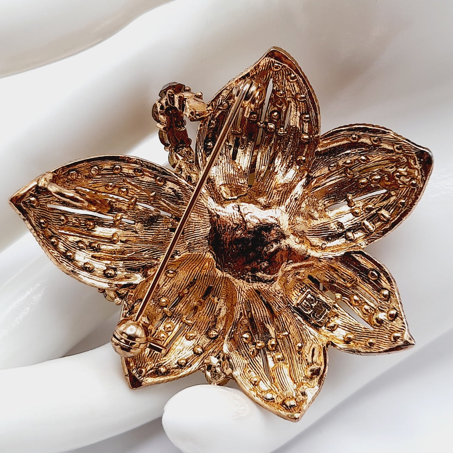 Vintage BJ Rhinestone Faux Pearl Flower Brooch or Pendant - 2 1/4 Inches