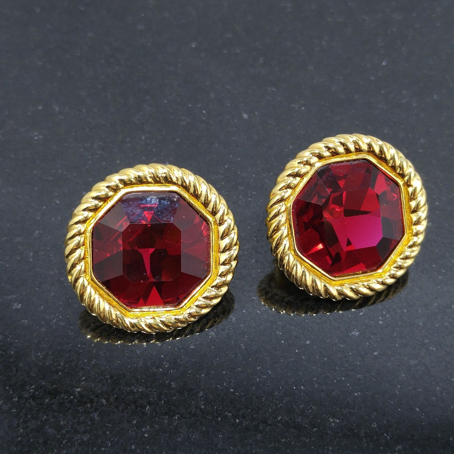 Vintage Swarovski Red Crystal Clip Earrings Gold Plated Rope Frame 1990s