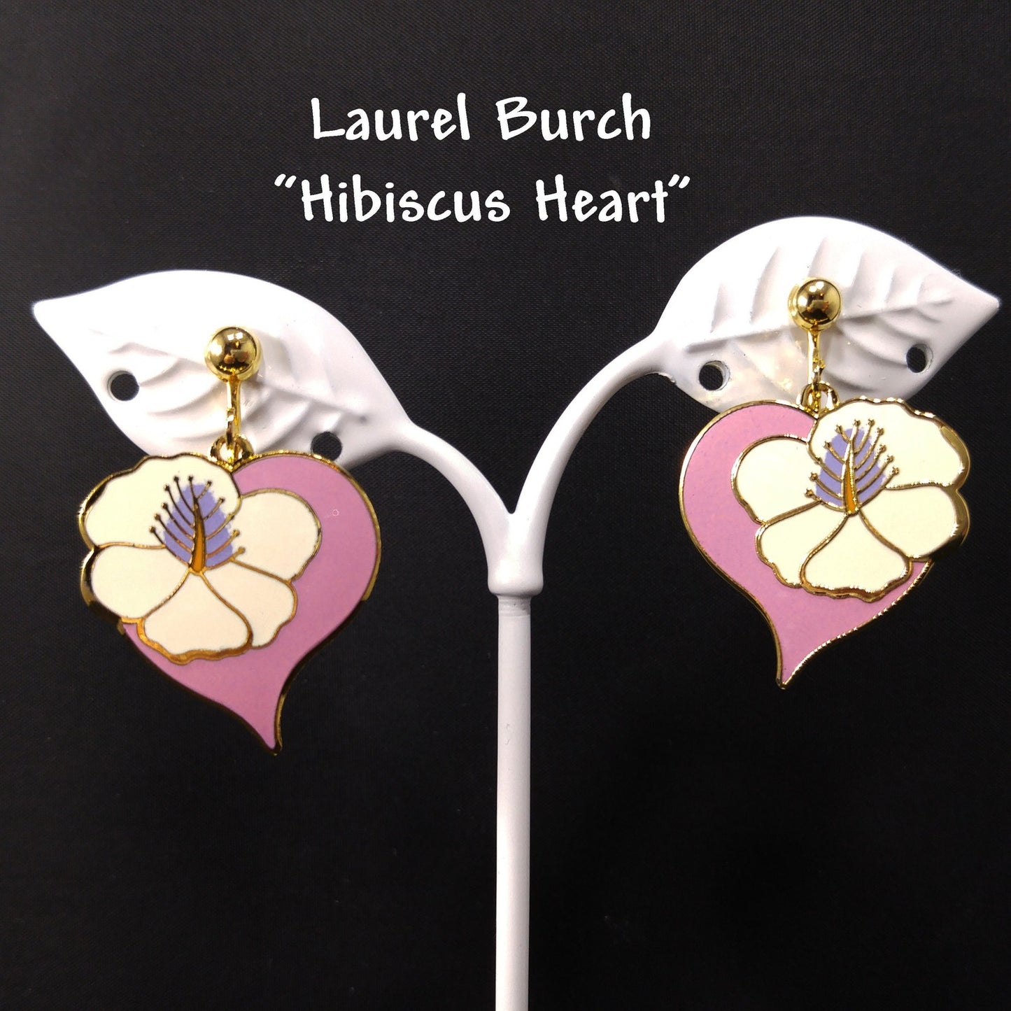 Vintage Laurel Burch "Hibiscus Heart" Clip Earrings, Cloisonne Gold Plated, 1980